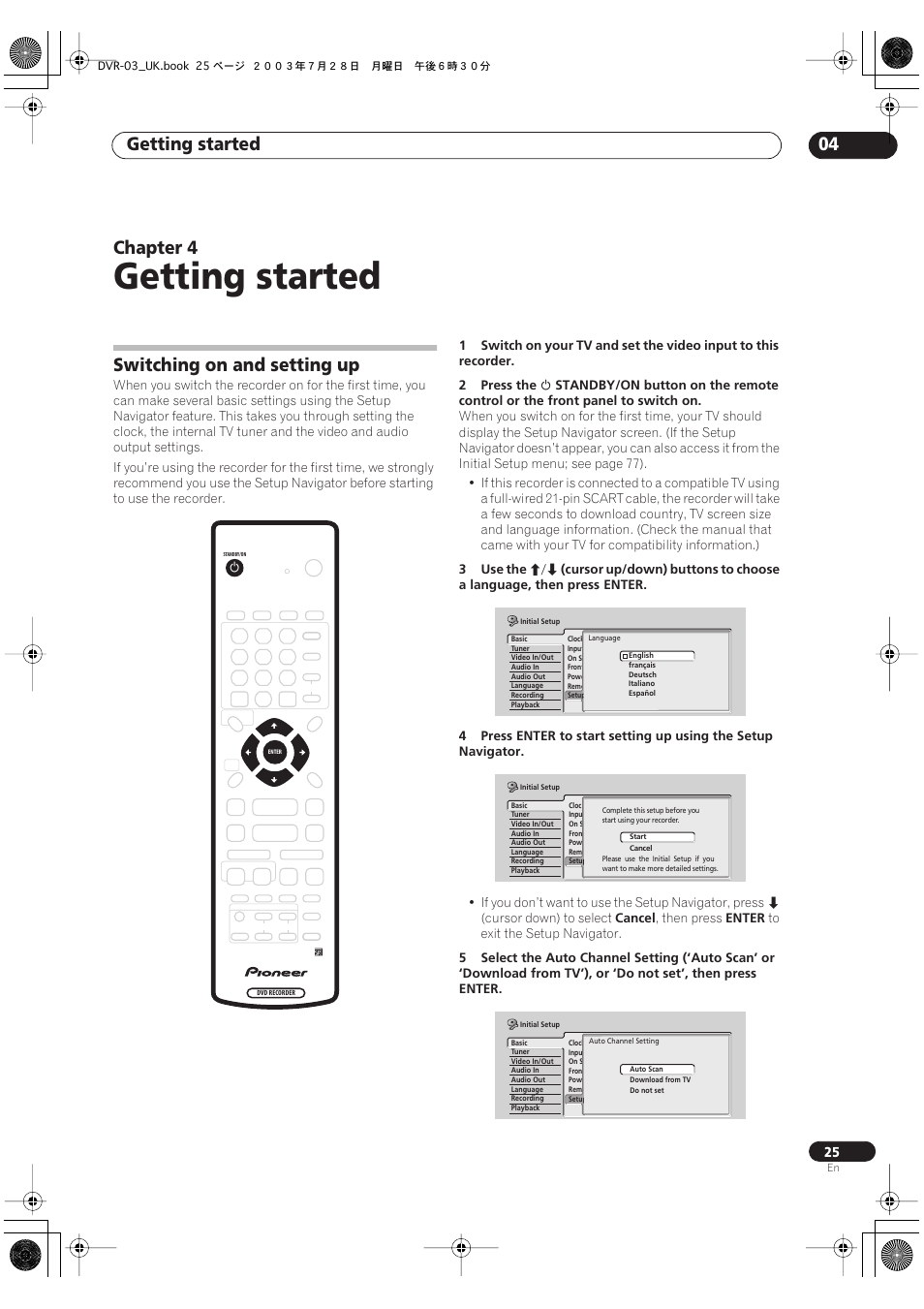 04 getting started, Switching on and setting up, Getting started | Getting started 04, Chapter 4 | Pioneer DVR-3100-S User Manual | Page 25 / 108