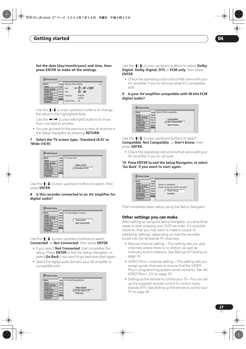 Getting started 04, Other settings you can make | Pioneer DVR-3100-S User Manual | Page 27 / 108