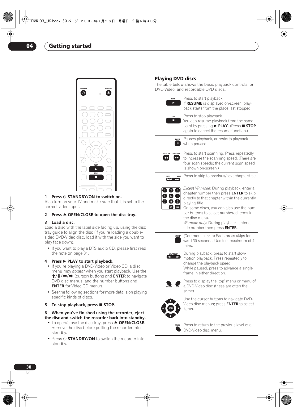 Getting started 04, Playing dvd discs | Pioneer DVR-3100-S User Manual | Page 30 / 108