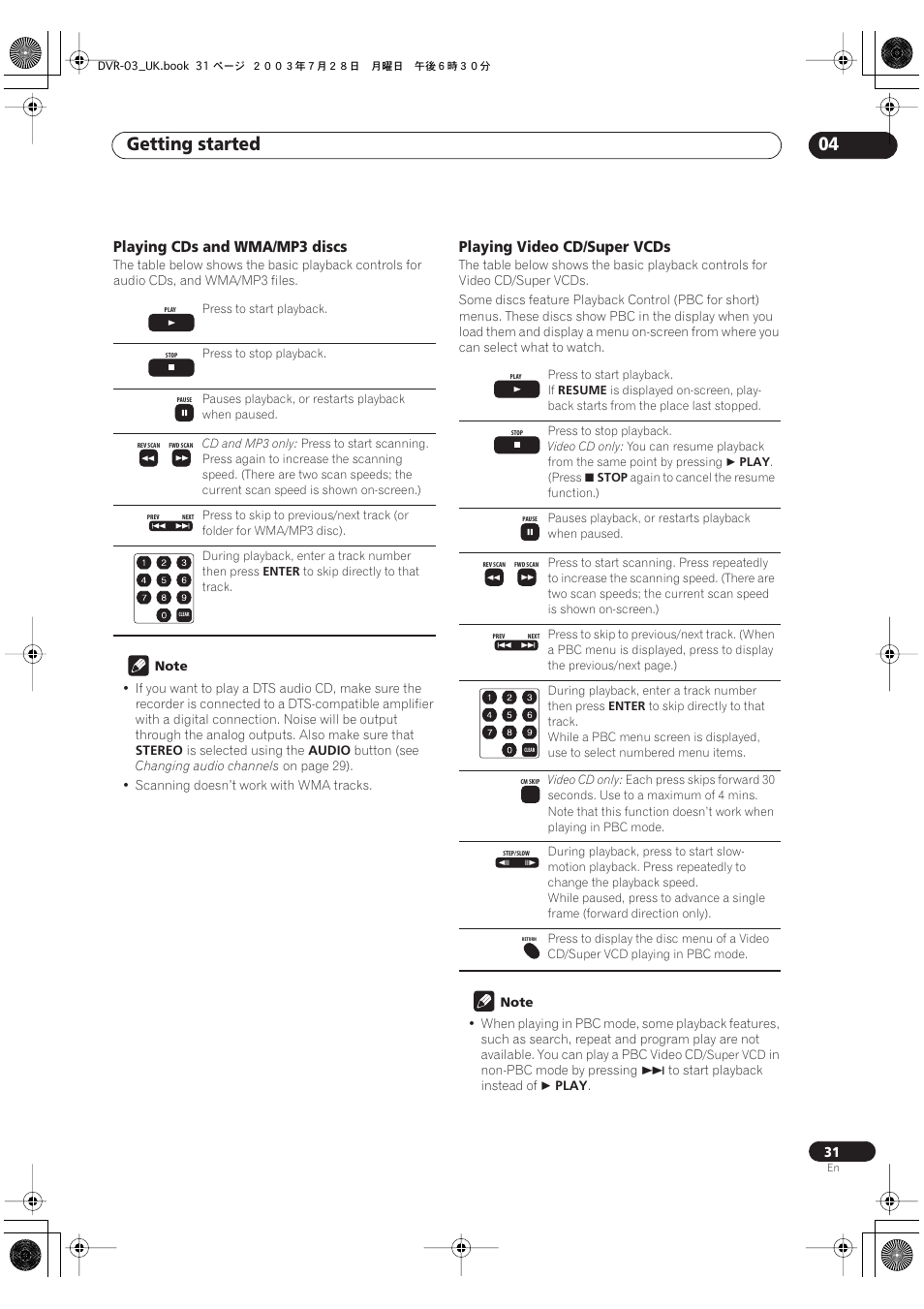 Getting started 04, Playing cds and wma/mp3 discs, Playing video cd/super vcds | Pioneer DVR-3100-S User Manual | Page 31 / 108