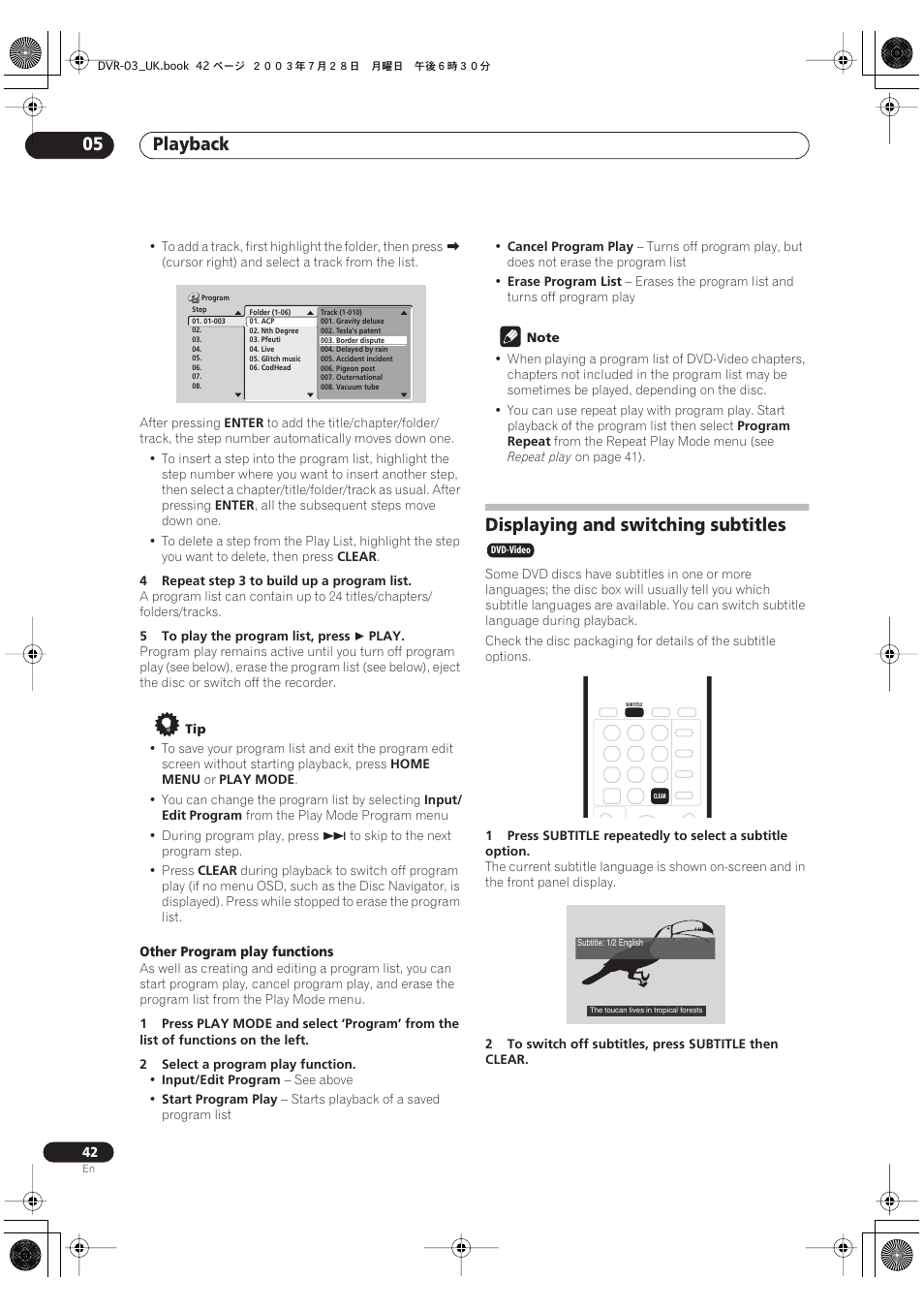 Displaying and switching subtitles, Playback 05 | Pioneer DVR-3100-S User Manual | Page 42 / 108