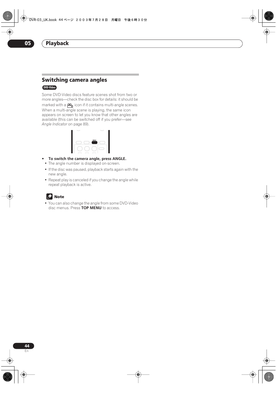 Switching camera angles, Playback 05 | Pioneer DVR-3100-S User Manual | Page 44 / 108