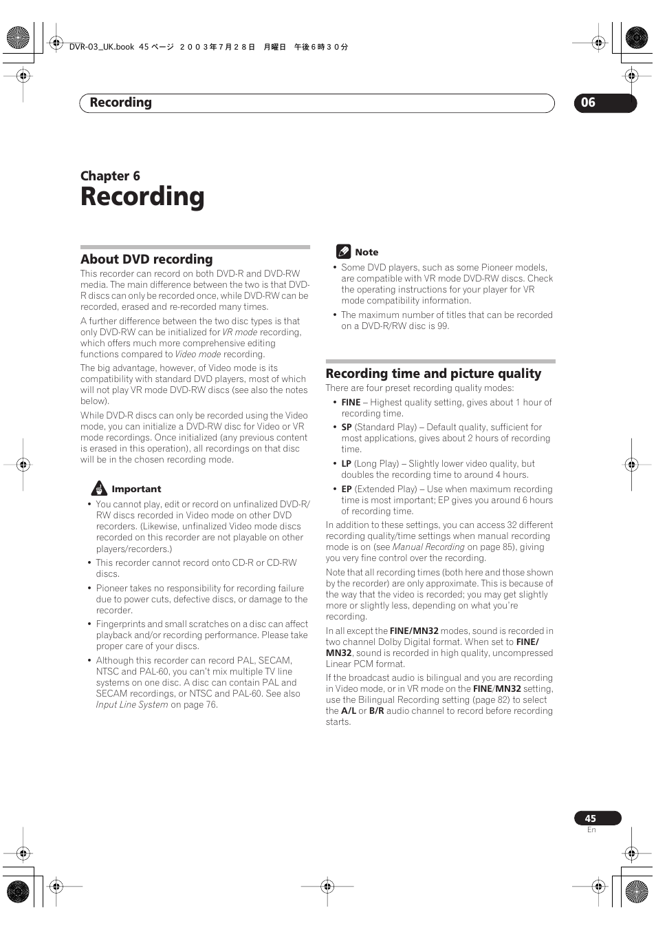 06 recording, About dvd recording, Recording time and picture quality | Recording, Recording 06, Chapter 6 | Pioneer DVR-3100-S User Manual | Page 45 / 108