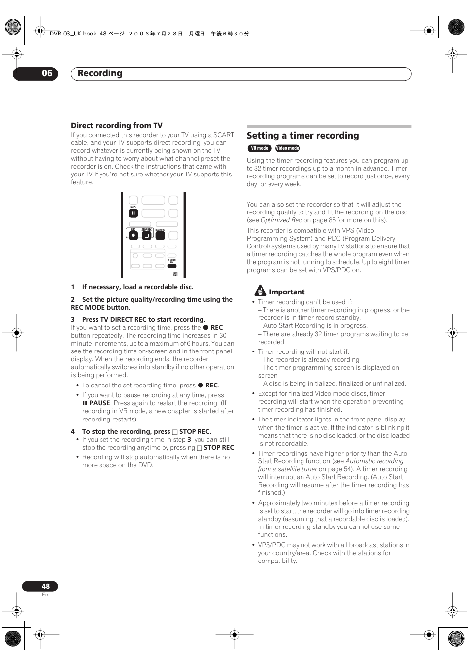 Setting a timer recording, Recording 06 | Pioneer DVR-3100-S User Manual | Page 48 / 108