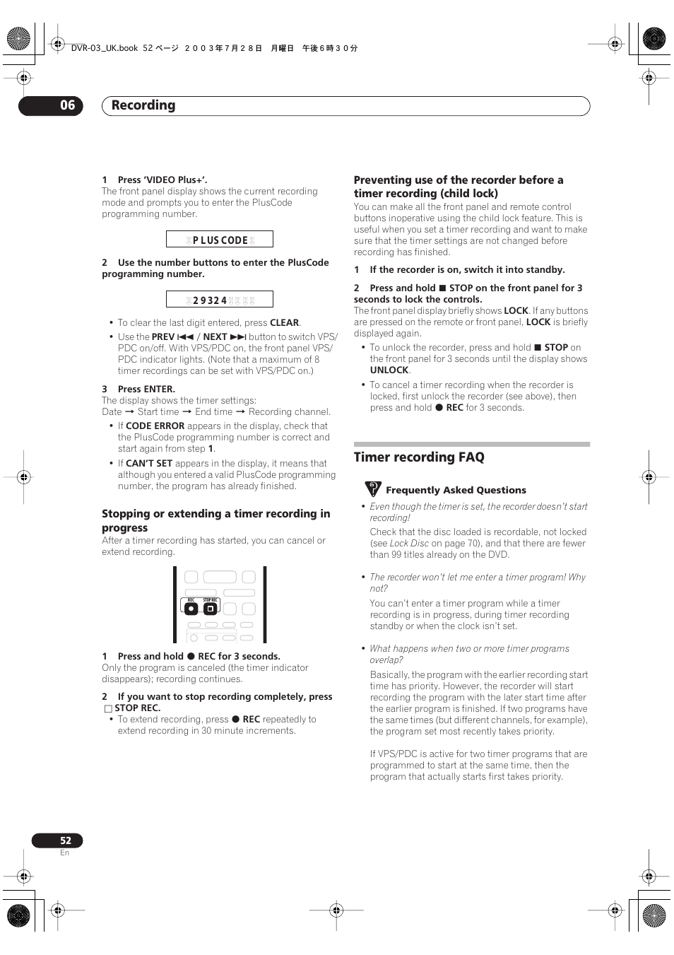 Timer recording faq, Recording 06 | Pioneer DVR-3100-S User Manual | Page 52 / 108
