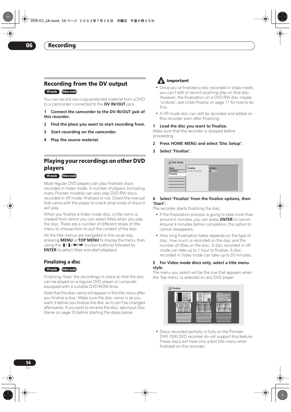 Recording from the dv output, Playing your recordings on other dvd players, Recording 06 | Pioneer DVR-3100-S User Manual | Page 56 / 108