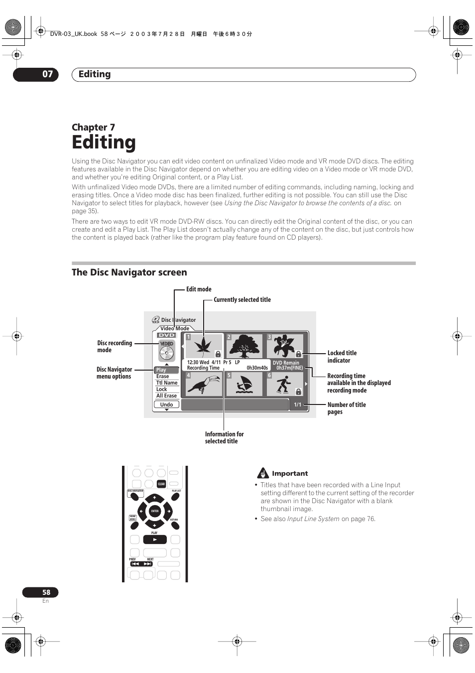 07 editing, The disc navigator screen, Editing | Editing 07, Chapter 7 | Pioneer DVR-3100-S User Manual | Page 58 / 108