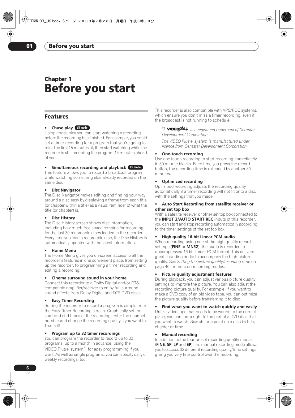 01 before you start, Features, Before you start | Before you start 01, Chapter 1 | Pioneer DVR-3100-S User Manual | Page 6 / 108