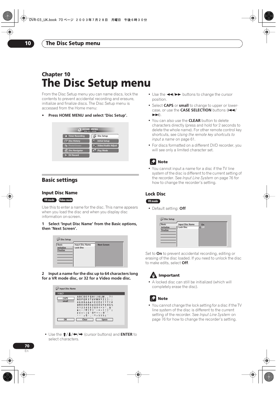 10 the disc setup menu, Basic settings, The disc setup menu | The disc setup menu 10, Chapter 10, Input disc name, Lock disc | Pioneer DVR-3100-S User Manual | Page 70 / 108