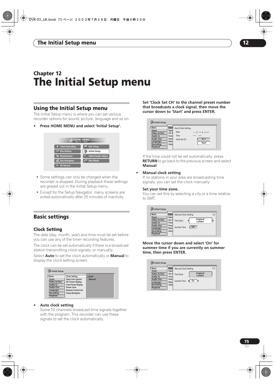 12 the initial setup menu, Using the initial setup menu, Basic settings | The initial setup menu, The initial setup menu 12, Chapter 12, Clock setting | Pioneer DVR-3100-S User Manual | Page 75 / 108