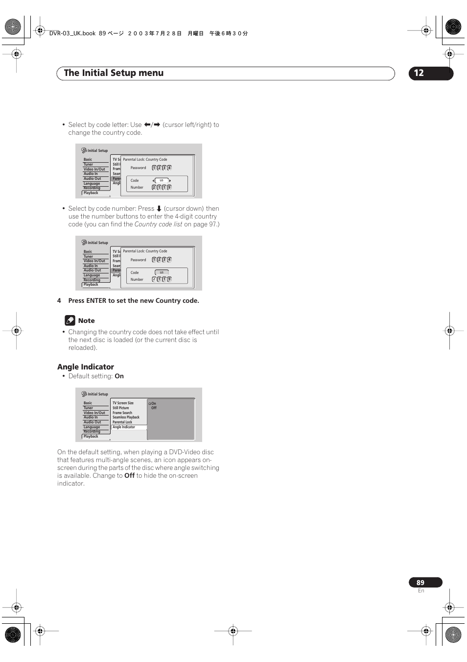 The initial setup menu 12, Angle indicator | Pioneer DVR-3100-S User Manual | Page 89 / 108