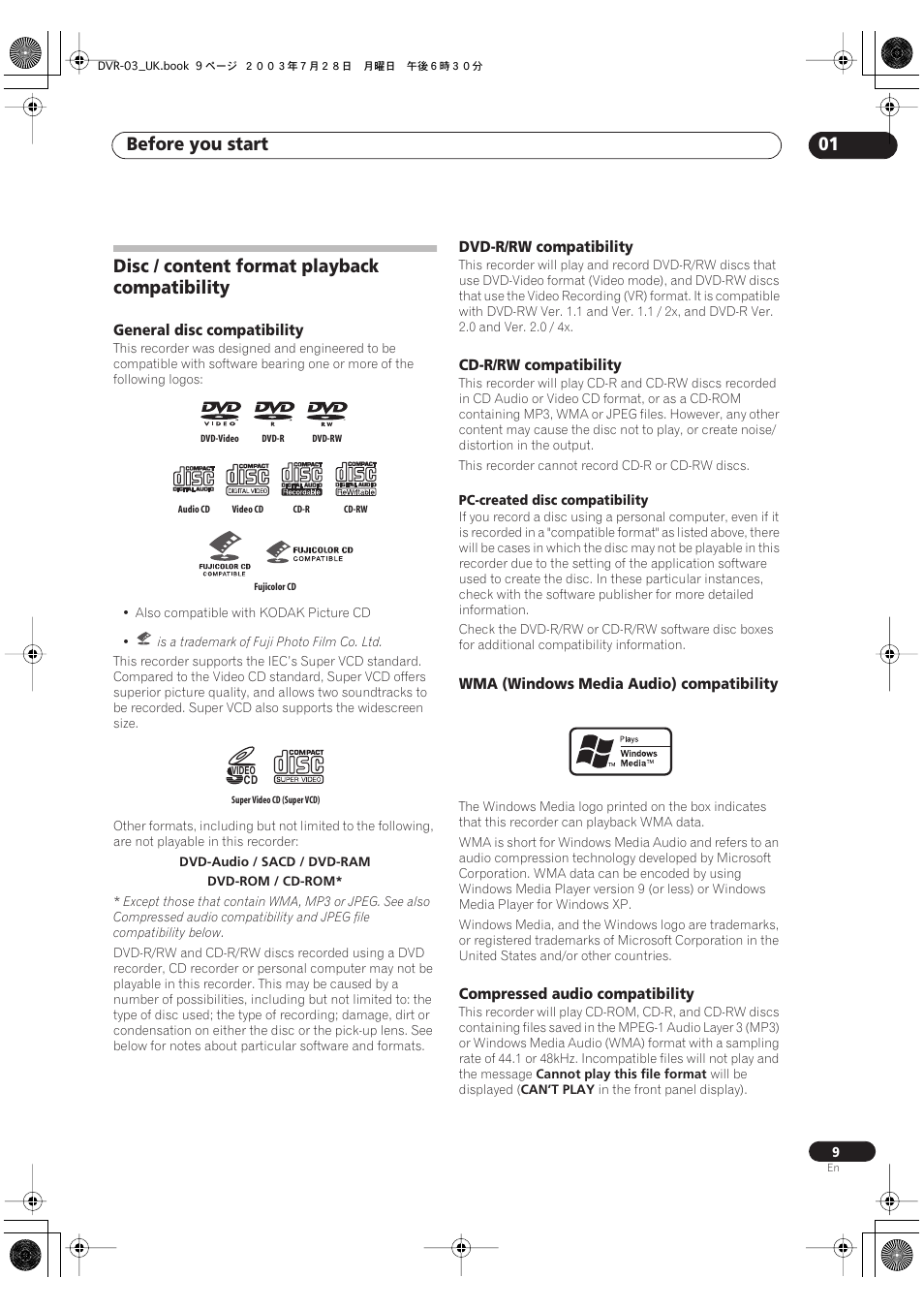 Disc / content format playback compatibility, Before you start 01 | Pioneer DVR-3100-S User Manual | Page 9 / 108