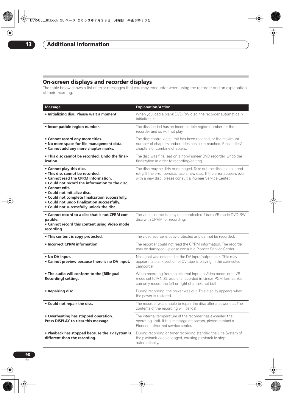 On-screen displays and recorder displays, Additional information 13 | Pioneer DVR-3100-S User Manual | Page 98 / 108