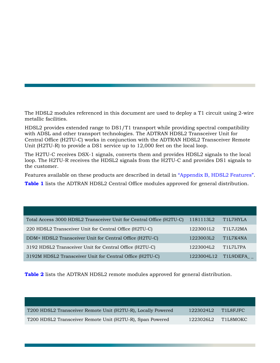 Product description, Table 1, Hdsl2 central office modules | Table 2, Hdsl2 remote modules, Hdsl2 for general distribution | ADTRAN HDSL2 User Manual | Page 11 / 90