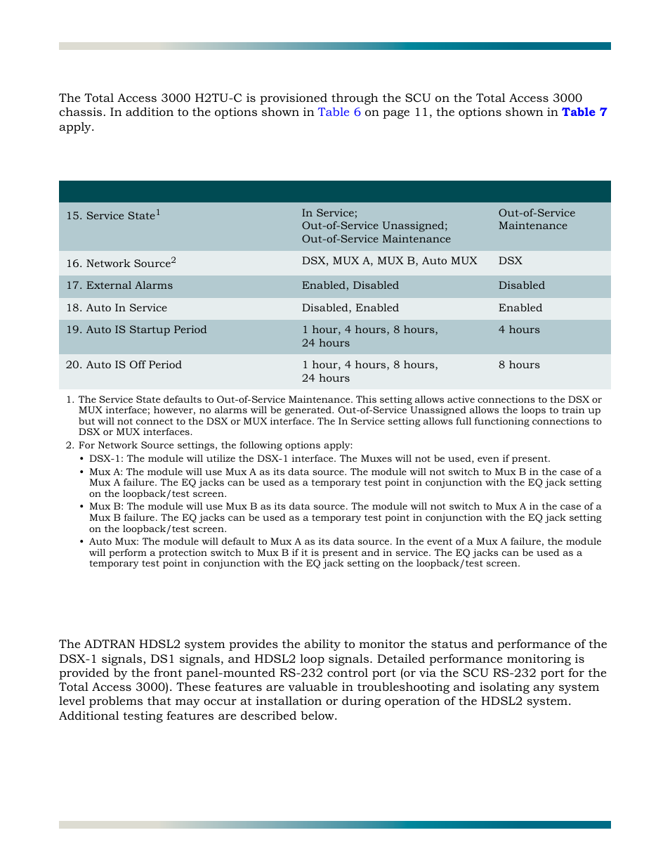 Provisioning options, total access 3000 h2tu-c, Hdsl2 system testing, Table 7 | Total access 3000 additional provisioning options | ADTRAN HDSL2 User Manual | Page 22 / 90