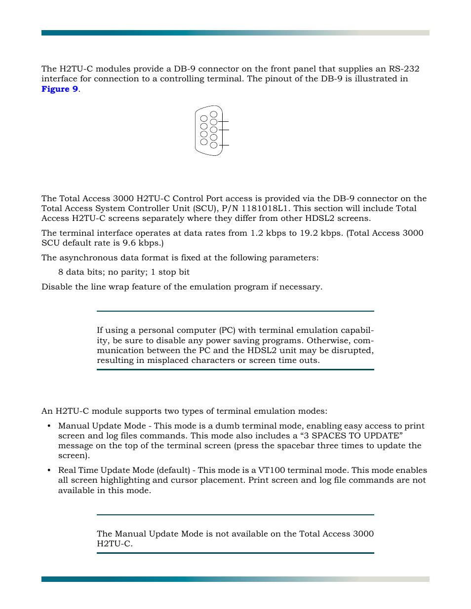 Control port operation, Terminal emulation modes, Figure 9 | Rs-232 (db-9) pin assignments | ADTRAN HDSL2 User Manual | Page 27 / 90