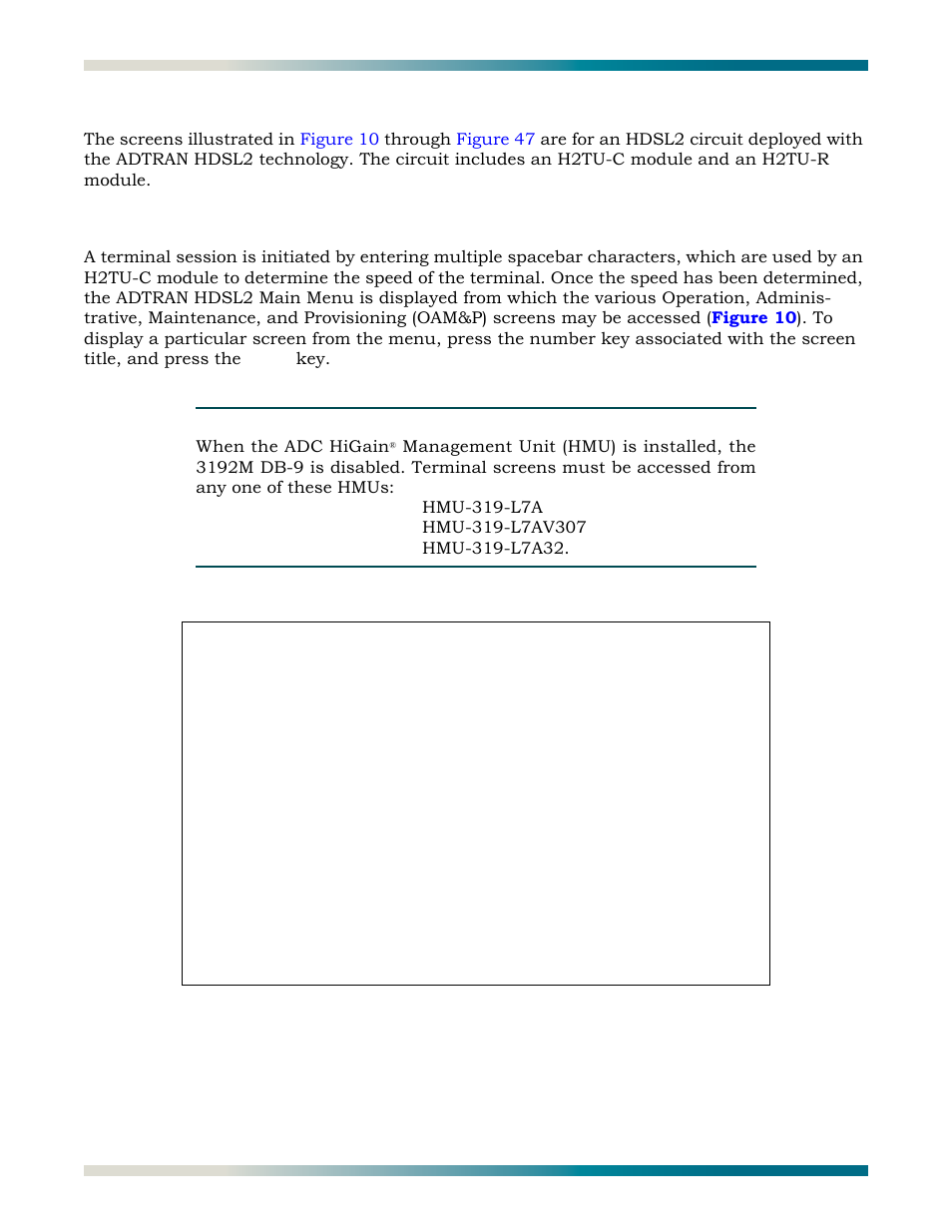 Screens, Logon to main menu, Figure 10 | Adtran hdsl2 main menu | ADTRAN HDSL2 User Manual | Page 28 / 90