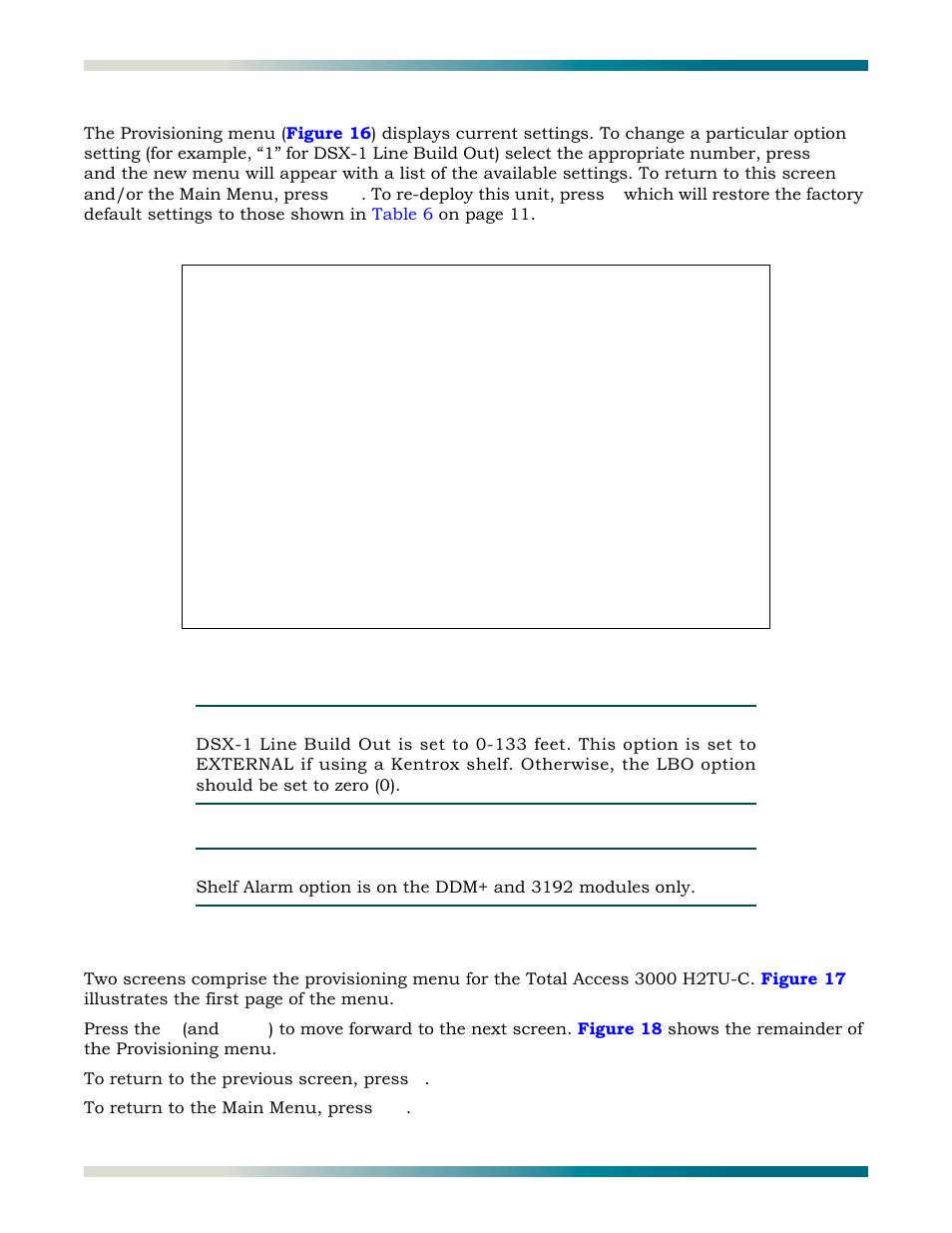 Provisioning, Total access 3000 h2tu-c provisioning menu, Figure 16 | Provisioning screen | ADTRAN HDSL2 User Manual | Page 32 / 90