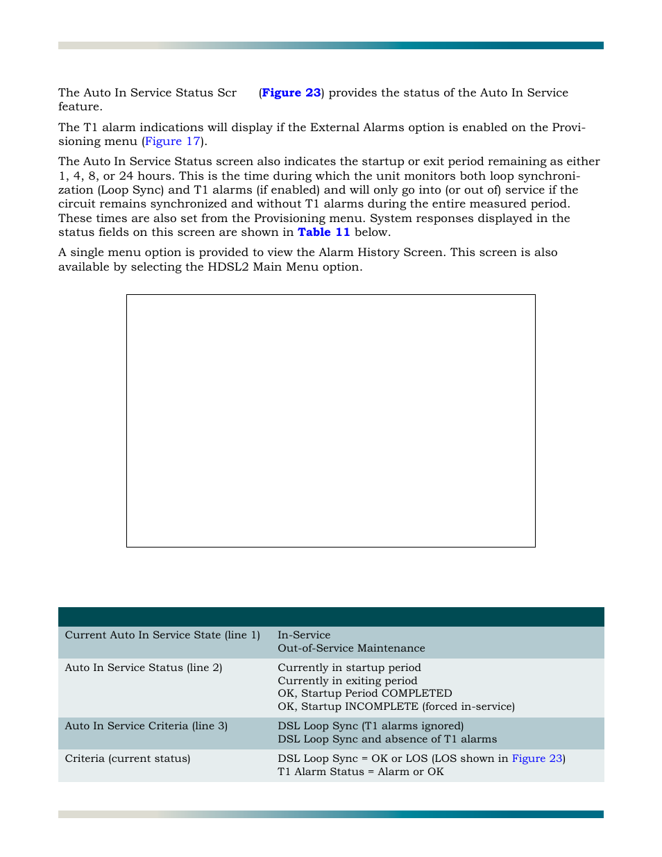 Figure 23, Auto in service screen, Table 11 | Auto in service status indications | ADTRAN HDSL2 User Manual | Page 36 / 90