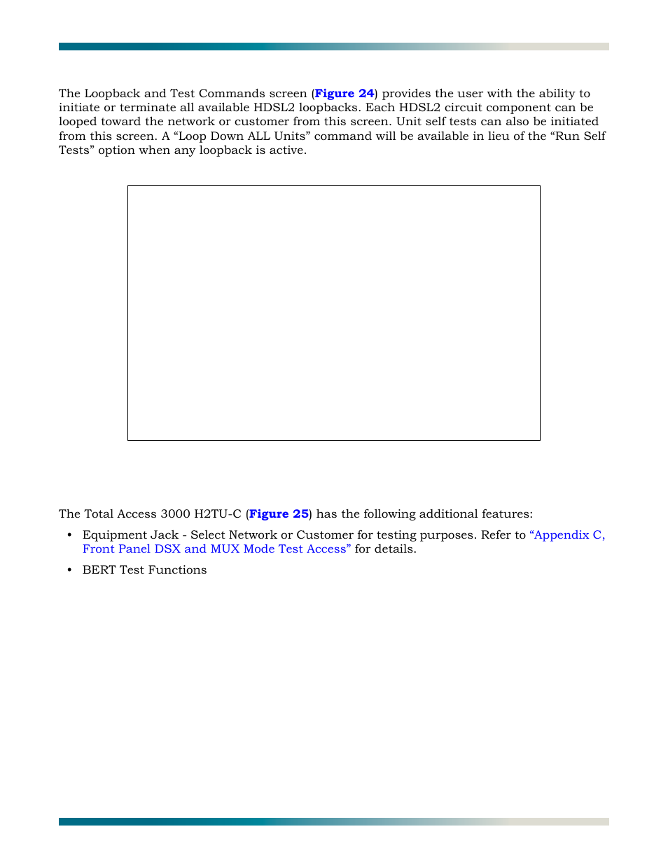 Loopbacks and test, Total access 3000 h2tu-c loopback and test screen, Figure 24 | Loopback and test commands screen | ADTRAN HDSL2 User Manual | Page 37 / 90