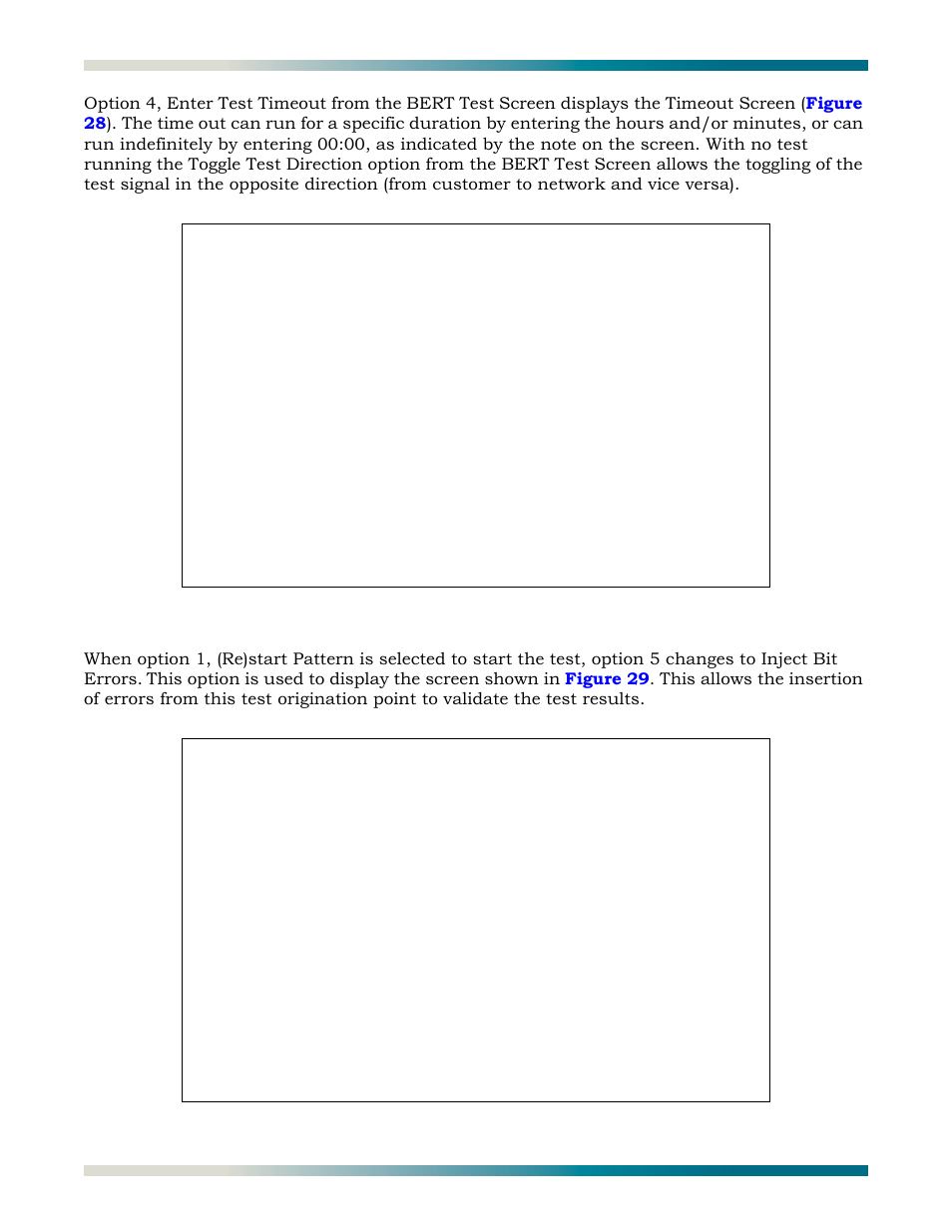 Figure 28, Bert test functions - enter test timeout option, Figure 29 | Bert inject errors screen | ADTRAN HDSL2 User Manual | Page 40 / 90