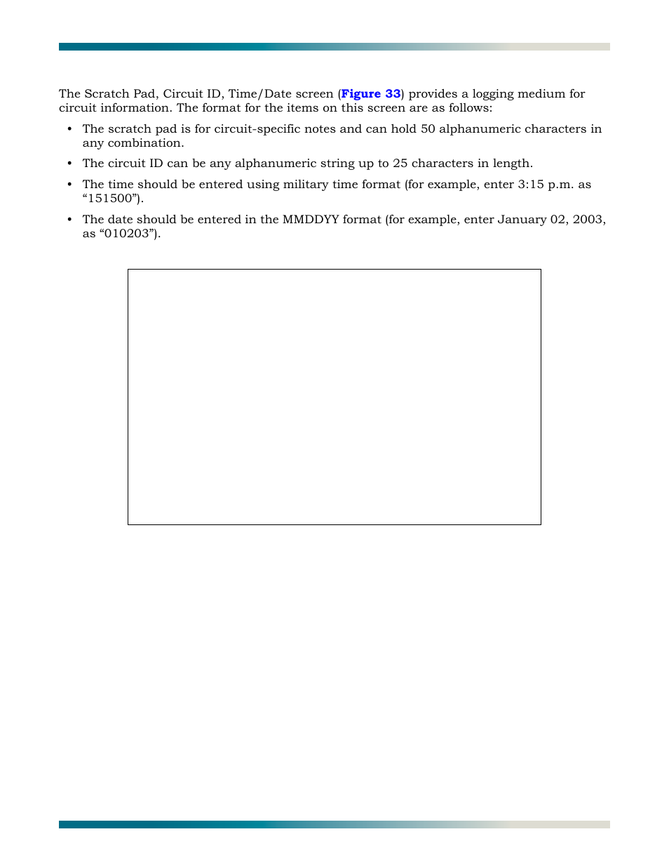 Scratch pad, circuit id, time/date screen, Figure 33, Scratch pad, circuit id, and date/time screen | ADTRAN HDSL2 User Manual | Page 43 / 90