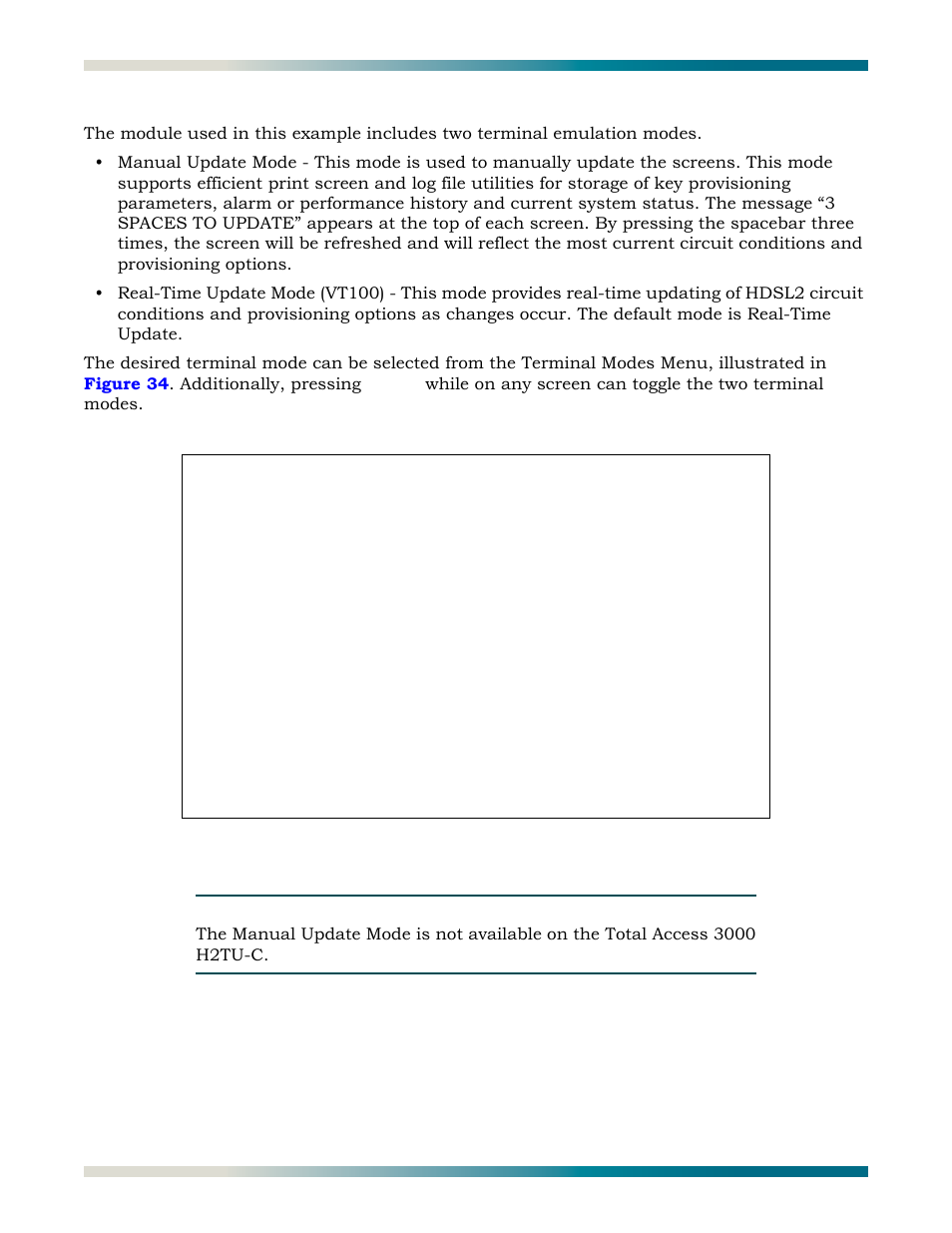 Terminal modes, Figure 34, Terminal mode screen | ADTRAN HDSL2 User Manual | Page 44 / 90