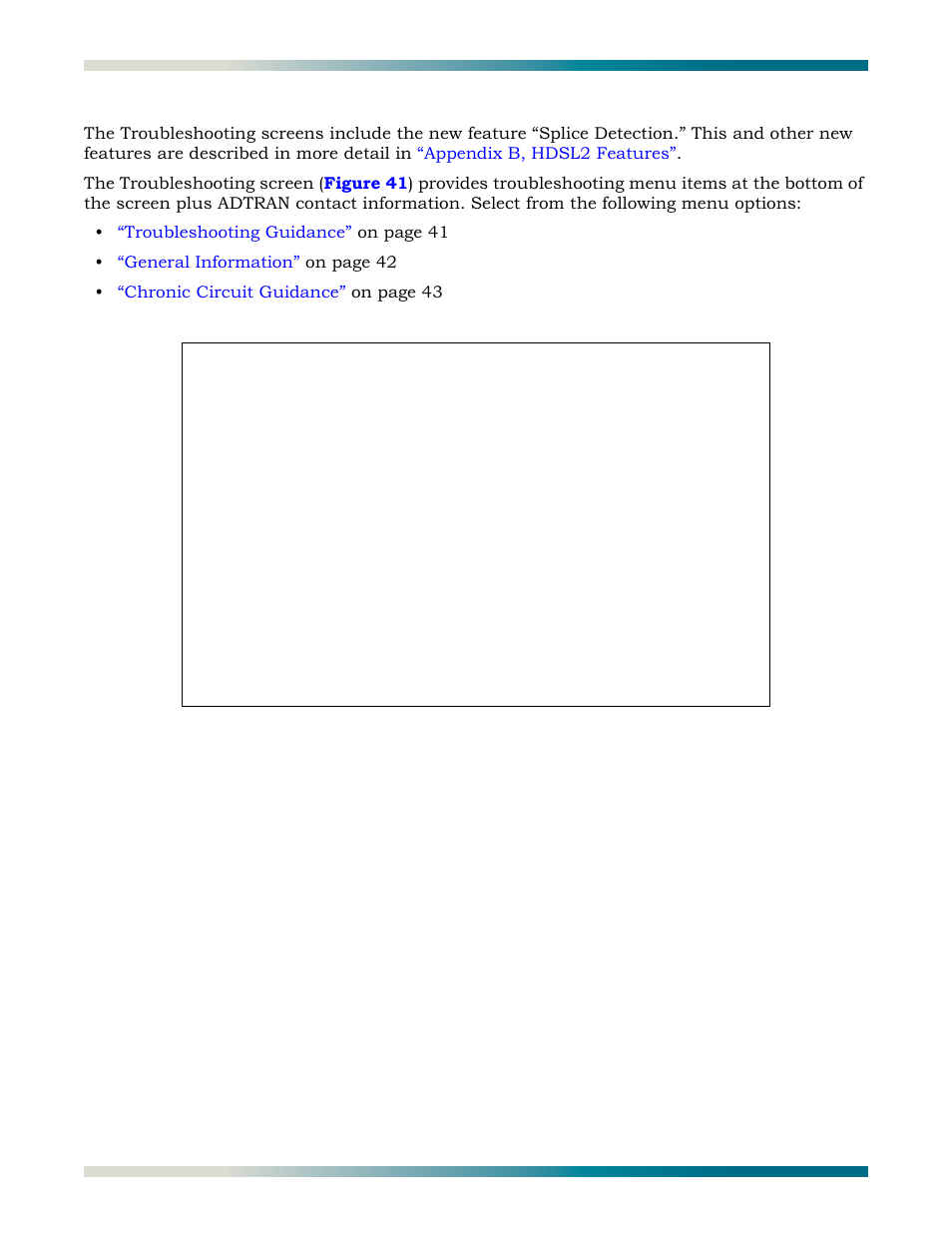 Troubleshooting, Figure 41, Troubleshooting screen | ADTRAN HDSL2 User Manual | Page 50 / 90