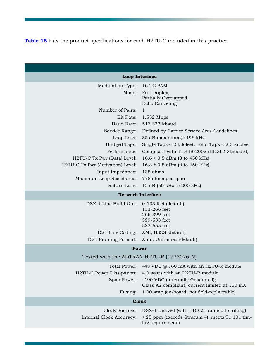 Specifications, Table 15, H2tu-c product specifications | ADTRAN HDSL2 User Manual | Page 65 / 90