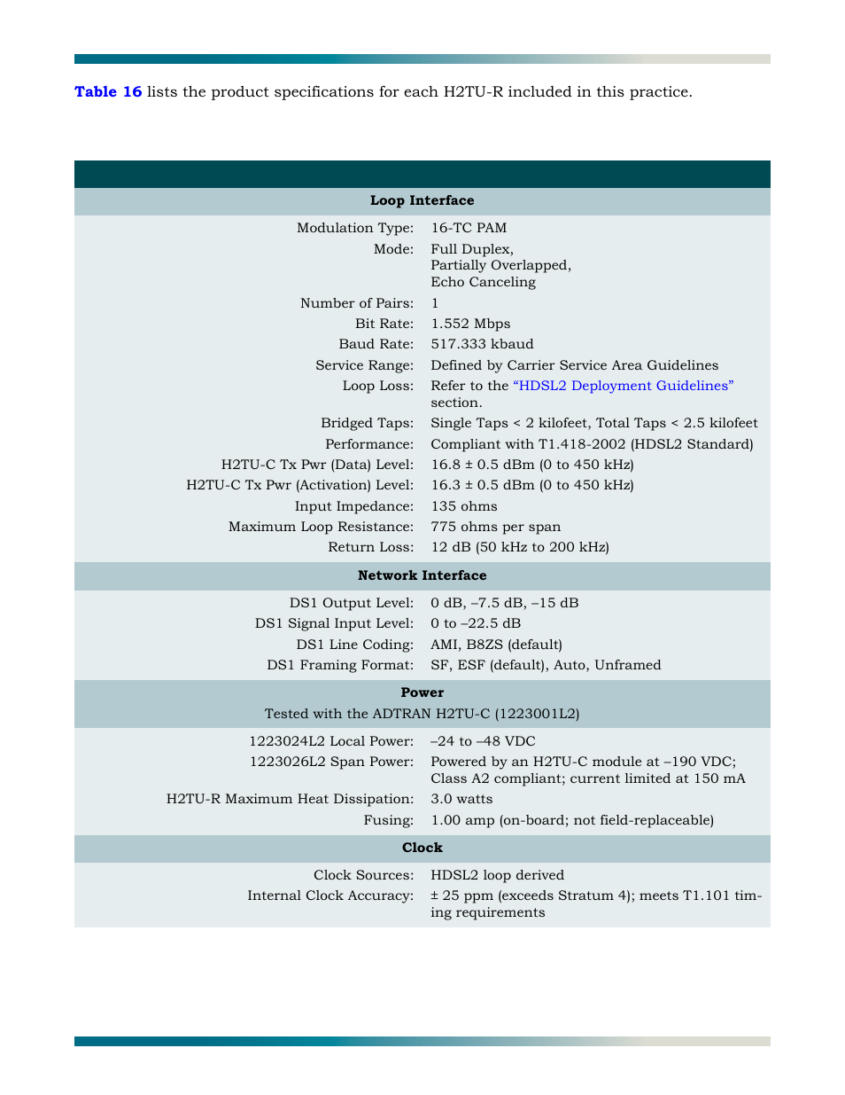 Table 16, H2tu-r product specifications | ADTRAN HDSL2 User Manual | Page 67 / 90