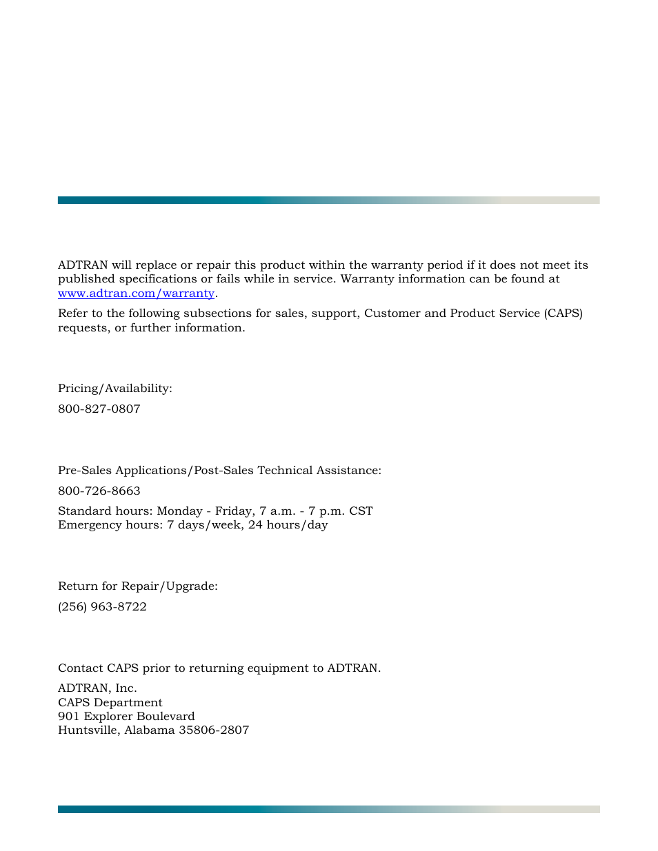 Appendix d, warranty, Warranty and customer service, Adtran sales | Adtran technical support, Adtran repair/caps, Repair and return address, Appendix, D, warranty, Appendix d warranty | ADTRAN HDSL2 User Manual | Page 89 / 90