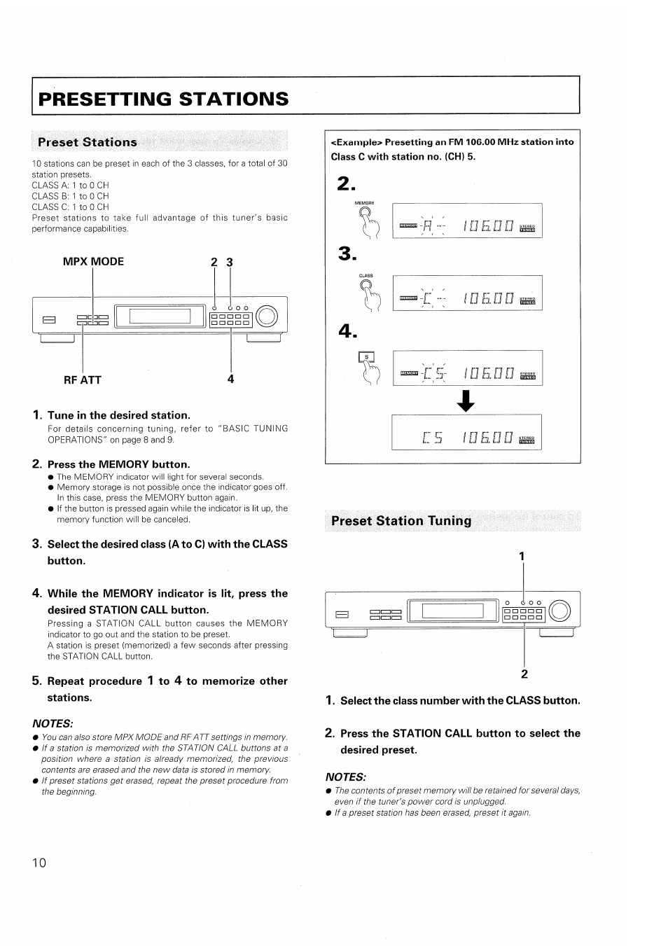Preset stations, Tune in the desired station, Press the memory button | While the memory indicator is lit, press the, Desired station call button, Repeat procedure 1 to 4 to memorize other stations, Preset station tuning, Select the class number with the class button, Presetting stations | Pioneer F-208RDS User Manual | Page 10 / 20