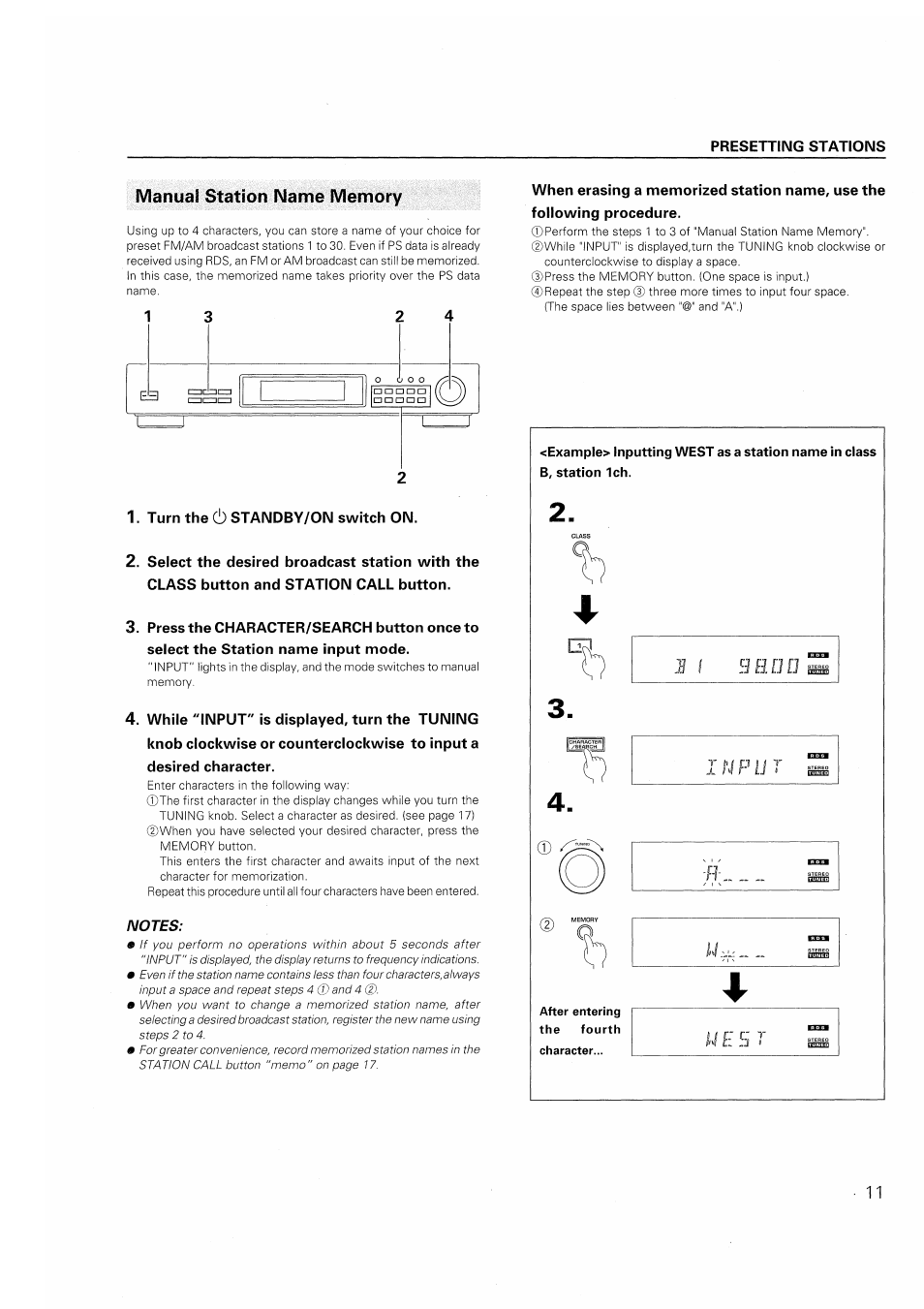 Manual station name memory, Turn the 6 standby/on switch on, Press the character/search button once to | Select the station name input mode, Desired character | Pioneer F-208RDS User Manual | Page 11 / 20