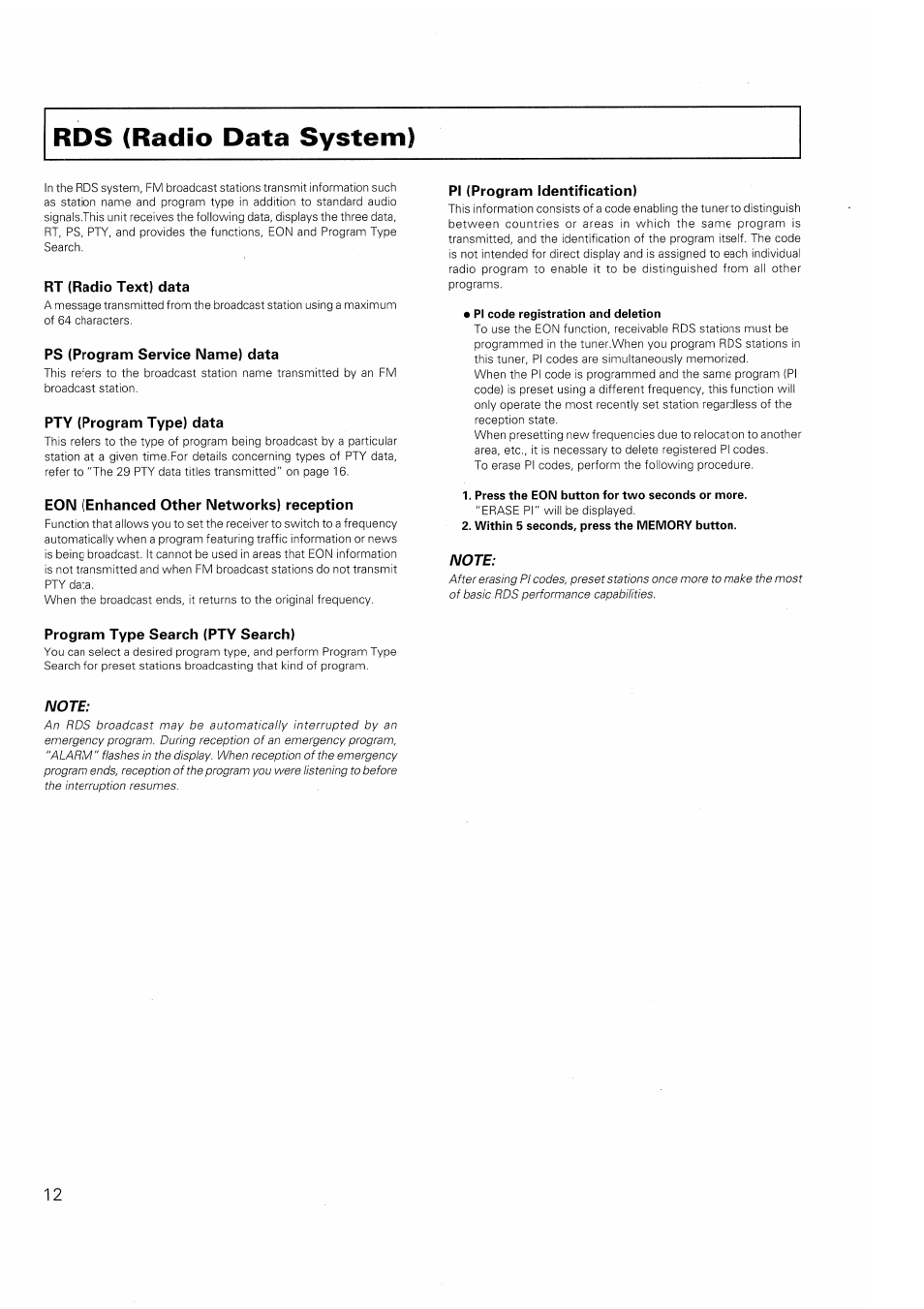 Rt (radio text) data, Ps (program service name) data, Pty (program type) data | Eon (enhanced other networks) reception, Pi (program identification), Program type search (pty search) | Pioneer F-208RDS User Manual | Page 12 / 20