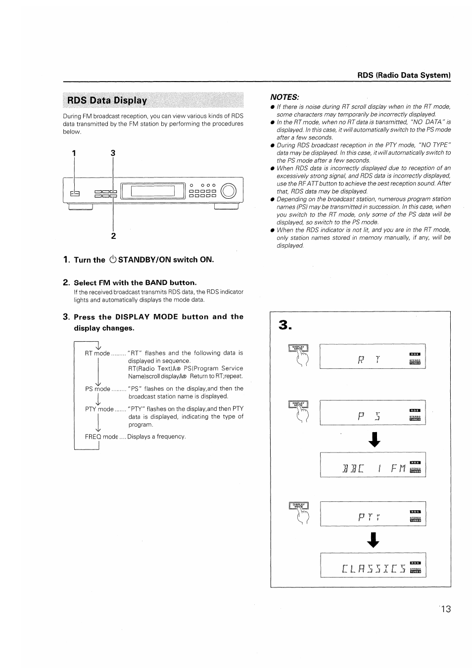 Rds data display, Turn the (b standby/oim switch on, Select fm with the band button | Pioneer F-208RDS User Manual | Page 13 / 20