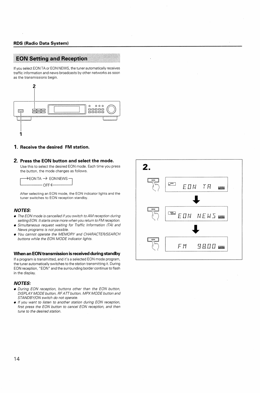 Eon setting and reception, Receive the desired fm station, Press the eon button and select the mode | Pioneer F-208RDS User Manual | Page 14 / 20