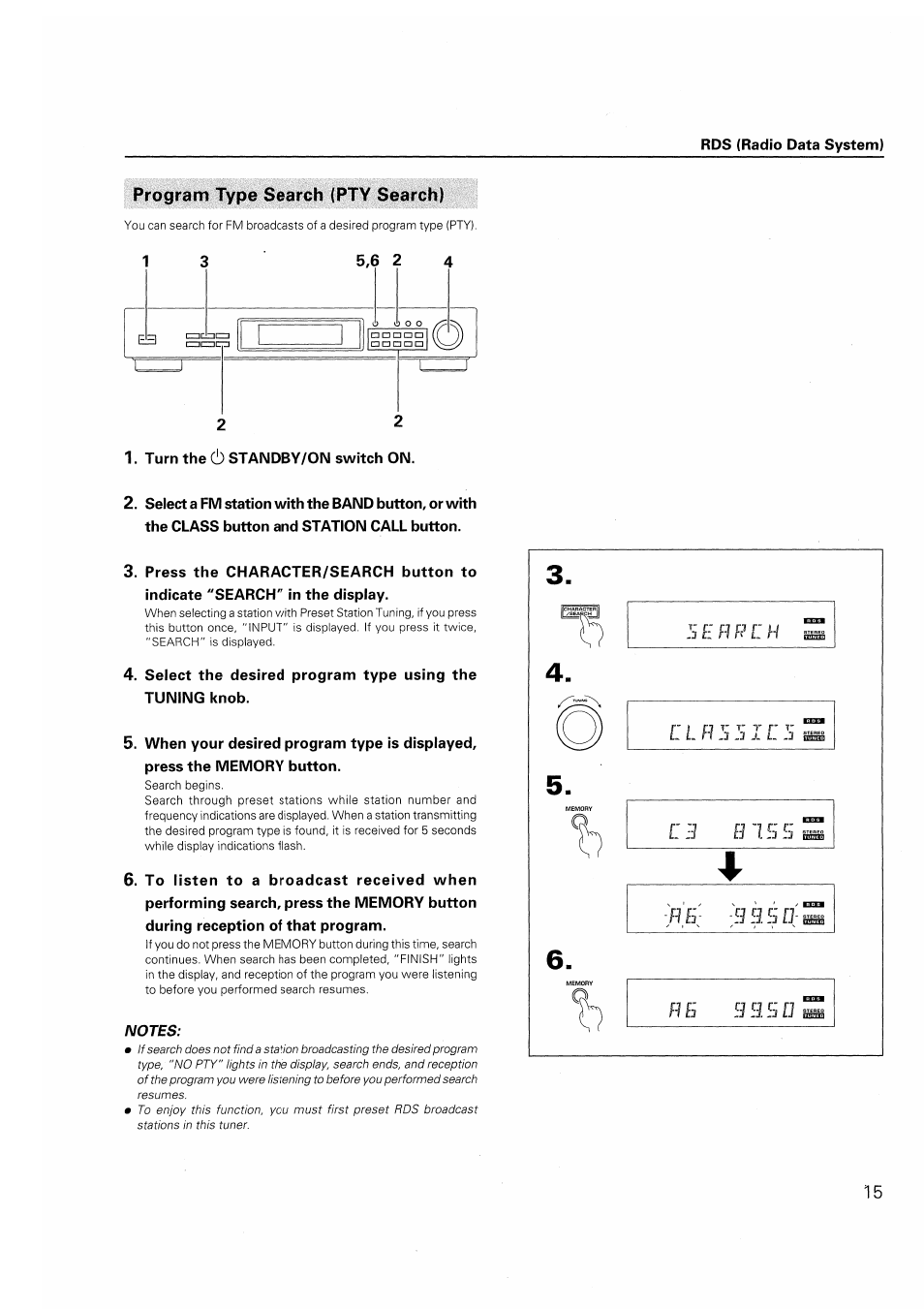 Program type search (pty search), Turn the ò standby/on switch on, When your desired program type is displayed | Press the memory button, During reception of that program | Pioneer F-208RDS User Manual | Page 15 / 20