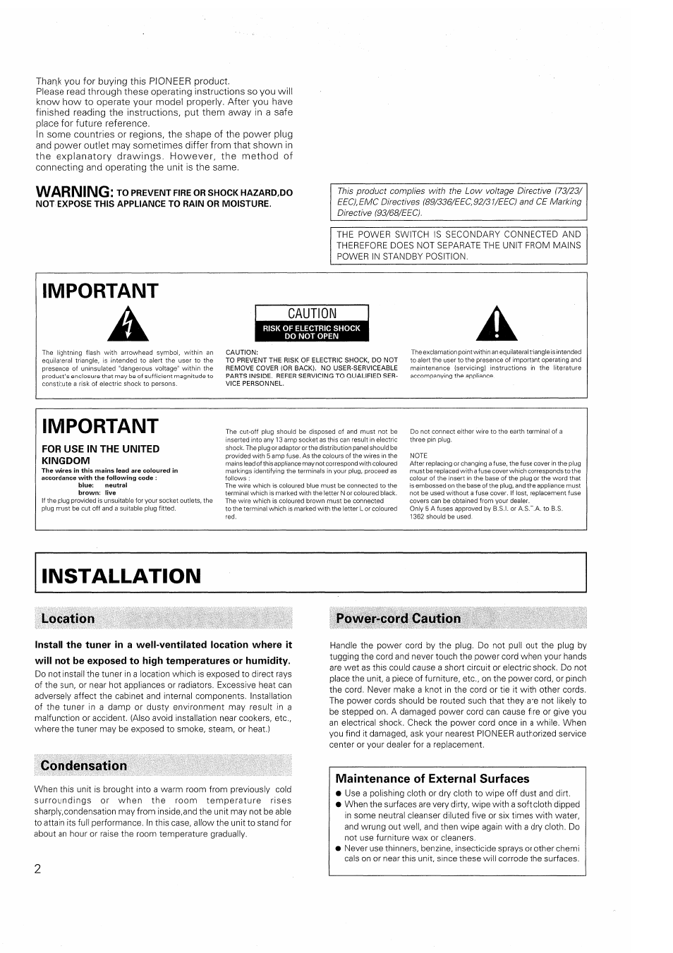 Power-cord caution, Condensation, Important | Warning, Caution | Pioneer F-208RDS User Manual | Page 2 / 20
