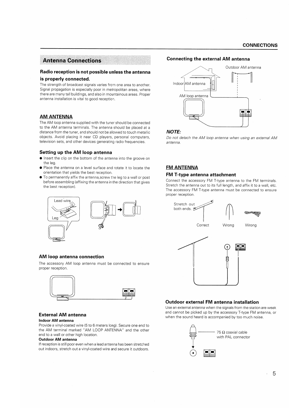 Antenna connections, Am antenna, Connecting the external am antenna | Setting up the am loop antenna, Am loop antenna connection, External am antenna, Fm antenna, Fm t-type antenna attachment, Outdoor external fm antenna installation | Pioneer F-208RDS User Manual | Page 5 / 20