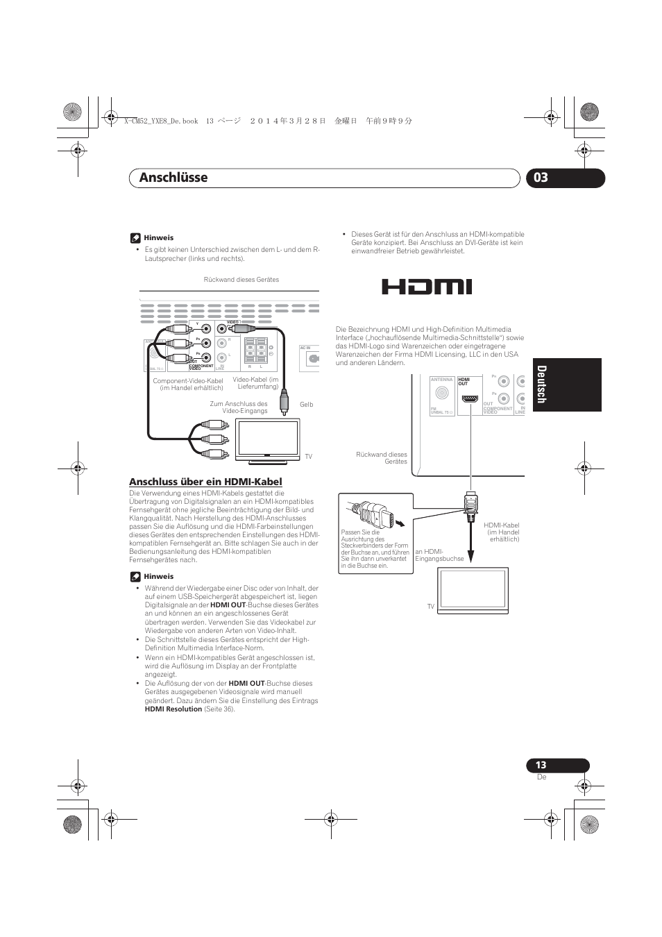 Anschluss über ein hdmi-kabel, Anschlüsse 03 | Pioneer X-CM52BT-W User Manual | Page 101 / 268