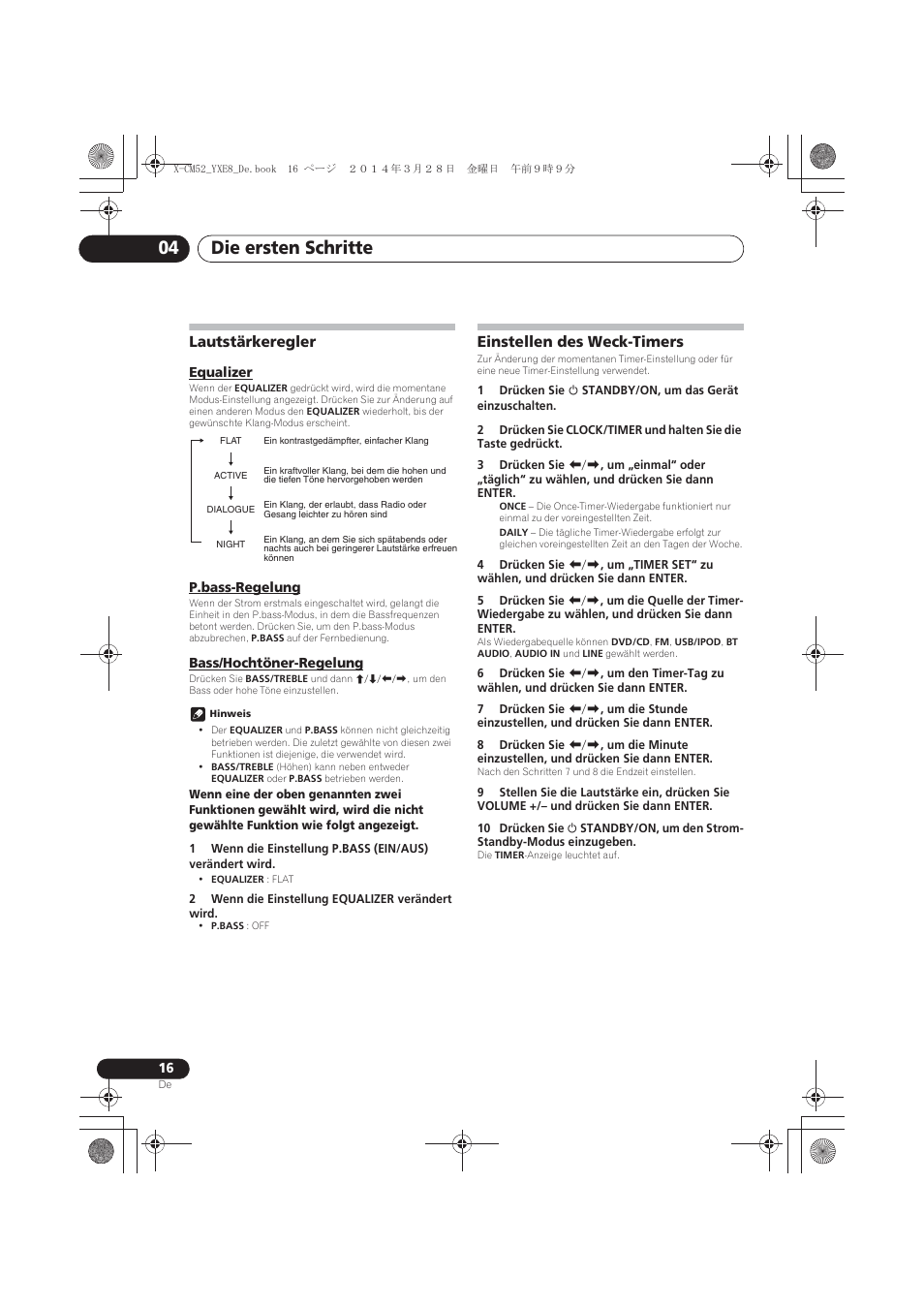Lautstärkeregler, Equalizer, P.bass-regelung | Bass/hochtöner-regelung, Einstellen des weck-timers, Die ersten schritte 04 | Pioneer X-CM52BT-W User Manual | Page 104 / 268