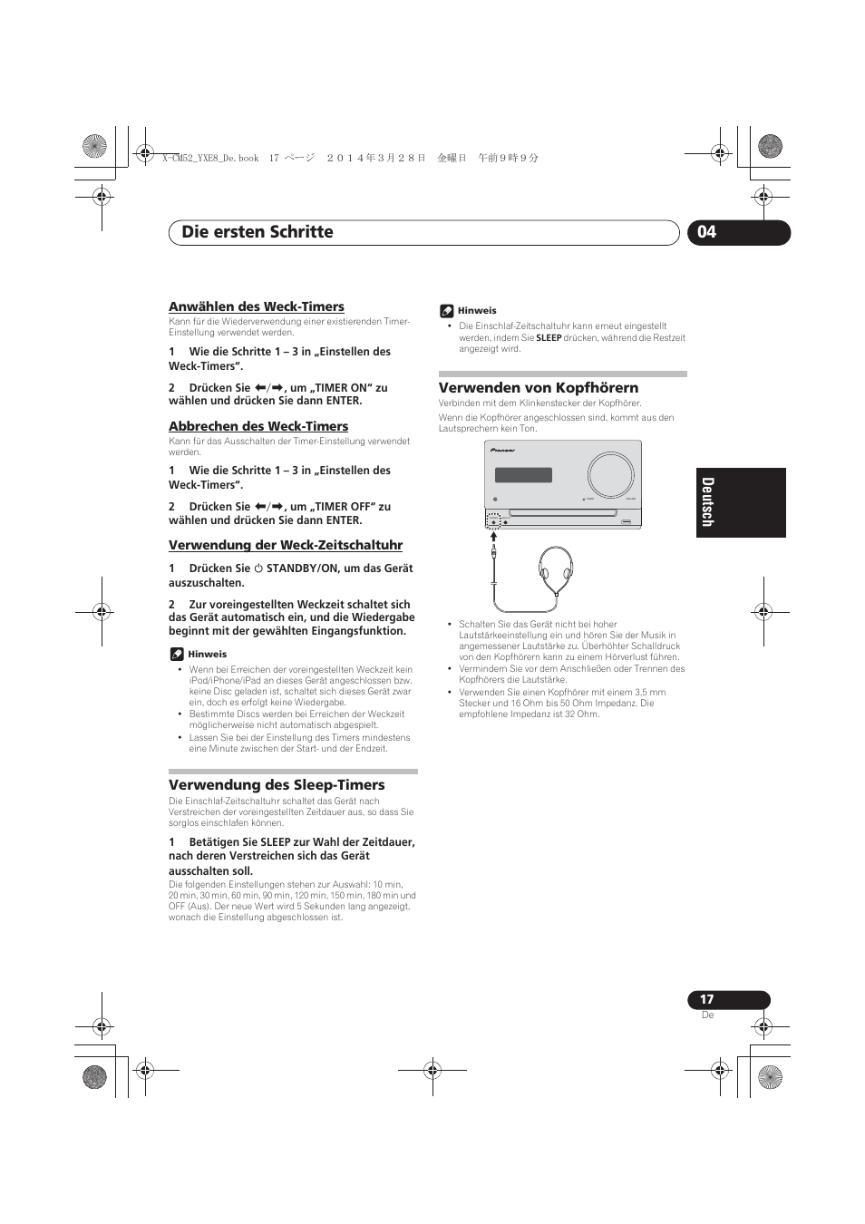 Anwählen des weck-timers, Abbrechen des weck-timers, Verwendung der weck-zeitschaltuhr | Verwendung des sleep-timers, Verwenden von kopfhörern, Die ersten schritte 04 | Pioneer X-CM52BT-W User Manual | Page 105 / 268