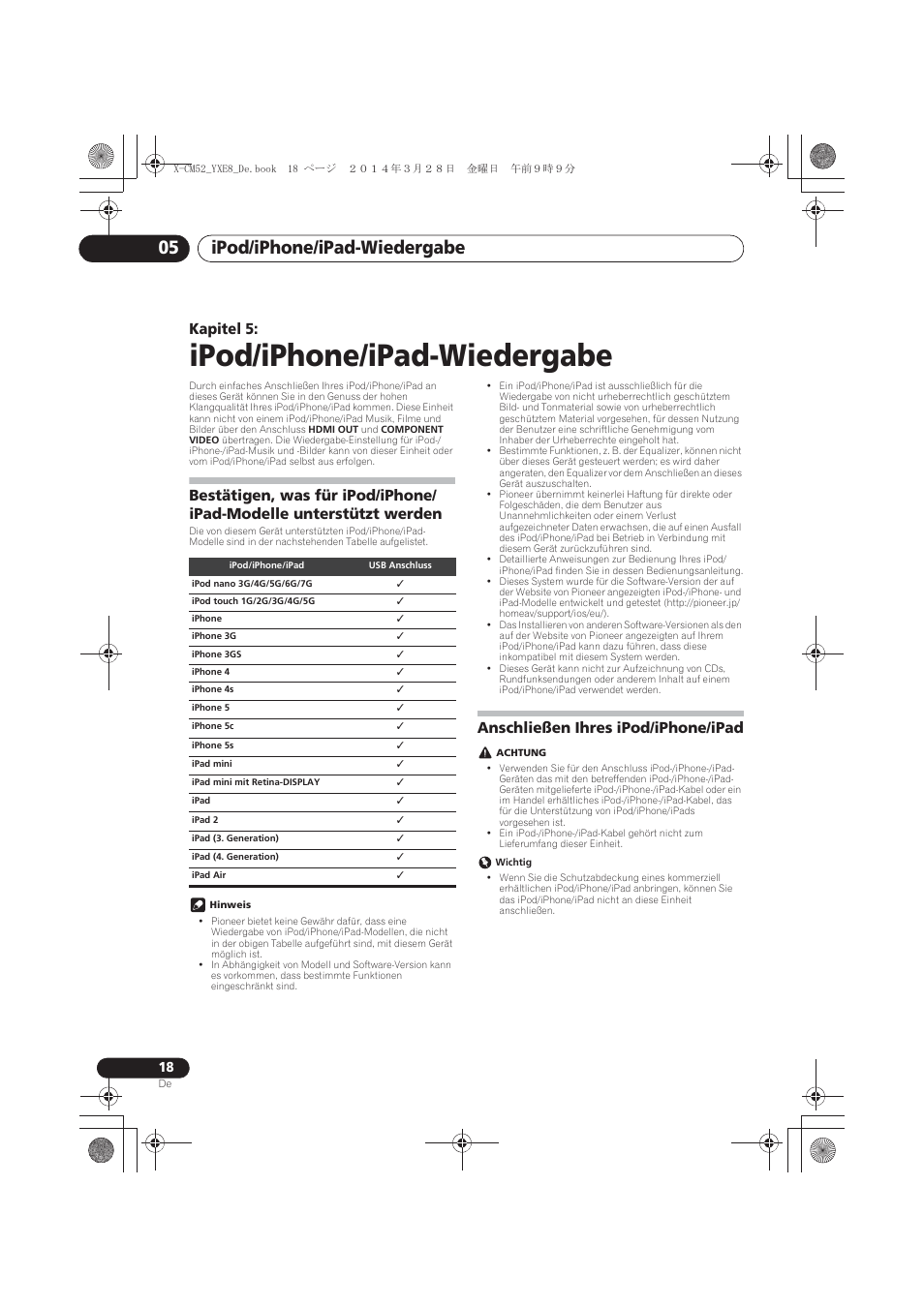 05 ipod/iphone/ipad-wiedergabe, Werden, Anschließen ihres ipod/iphone/ ipad | Ipod/iphone/ipad-wiedergabe, Ipod/iphone/ipad-wiedergabe 05, Kapitel 5, Anschließen ihres ipod/iphone/ipad | Pioneer X-CM52BT-W User Manual | Page 106 / 268