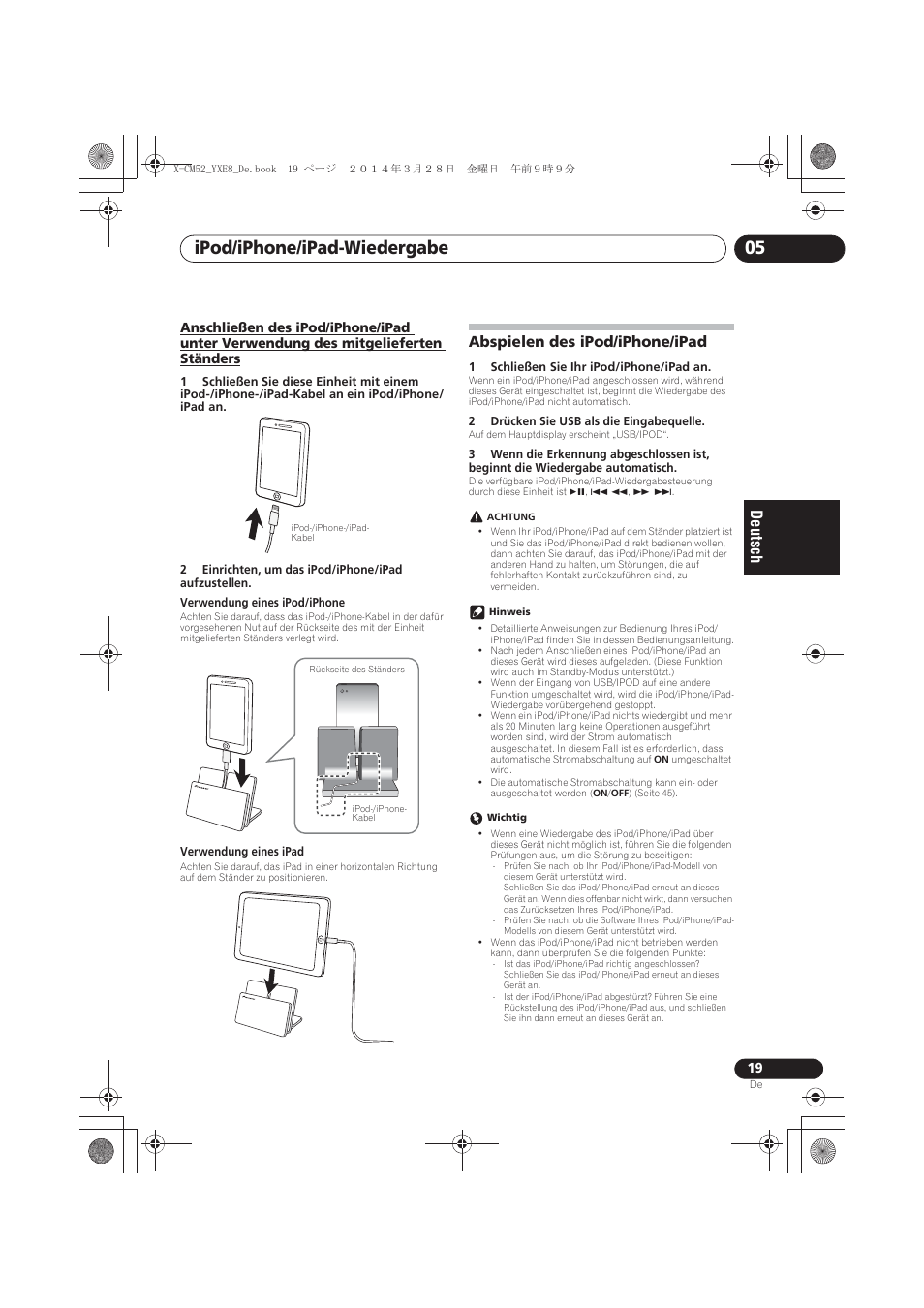Mitgelieferten ständers, Abspielen des ipod/iphone/ipad, Ipod/iphone/ipad-wiedergabe 05 | Pioneer X-CM52BT-W User Manual | Page 107 / 268