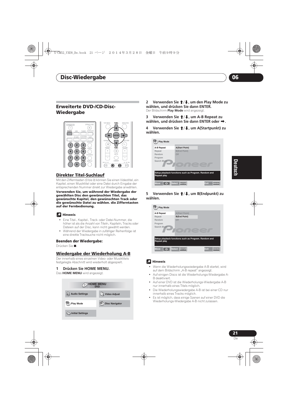 Erweiterte dvd-/cd-disc-wiedergabe, Direkter titel-suchlauf, Wiedergabe der wiederholung a-b | Disc-wiedergabe 06, Erweiterte dvd-/cd-disc- wiedergabe | Pioneer X-CM52BT-W User Manual | Page 109 / 268