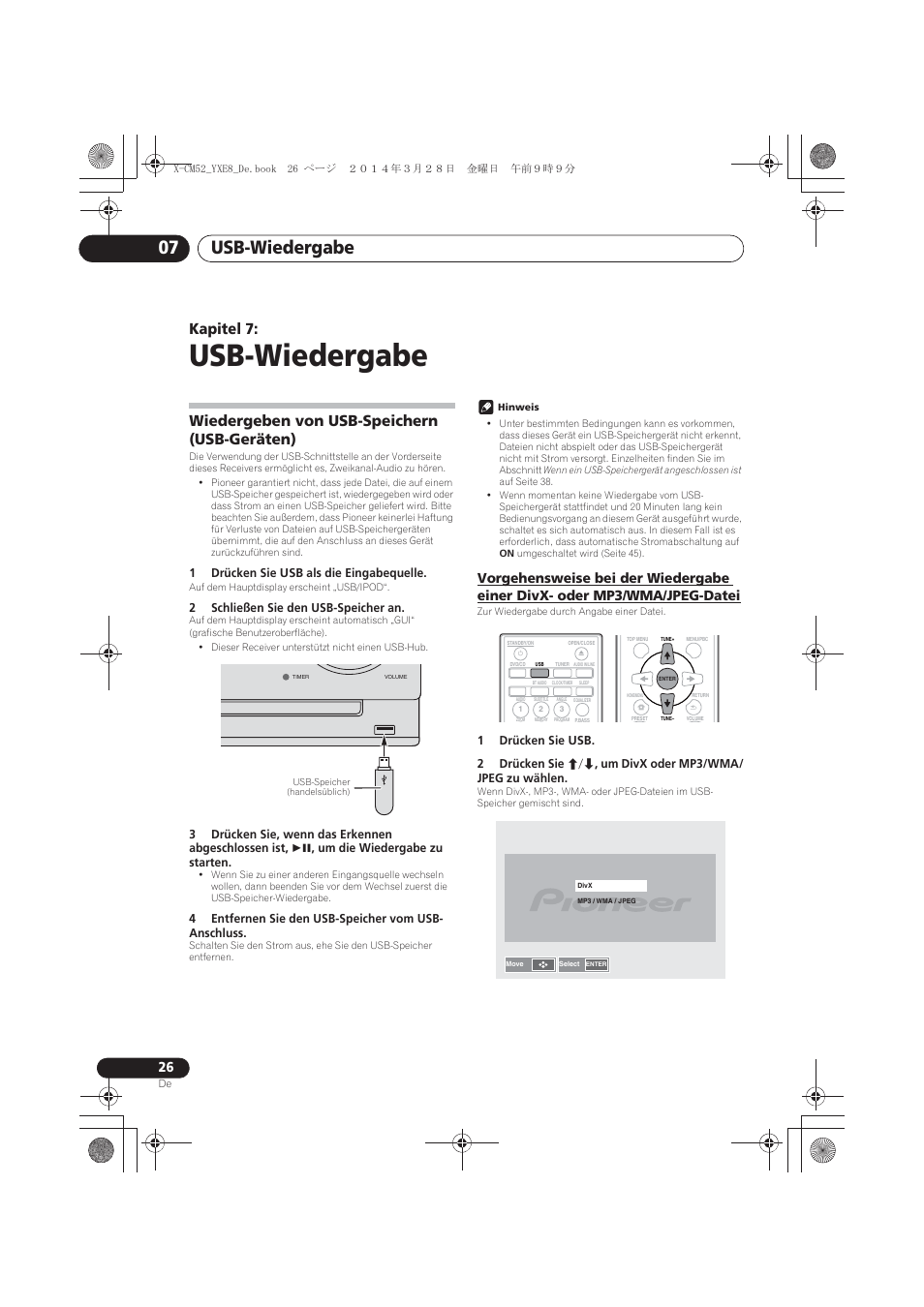 07 usb-wiedergabe, Wiedergeben von usb-speichern (usb-geräten), Vorgehensweise bei der wiedergabe einer divx- oder | Mp3/wma/jpeg-datei, Usb-wiedergabe, Usb-wiedergabe 07, Kapitel 7 | Pioneer X-CM52BT-W User Manual | Page 114 / 268