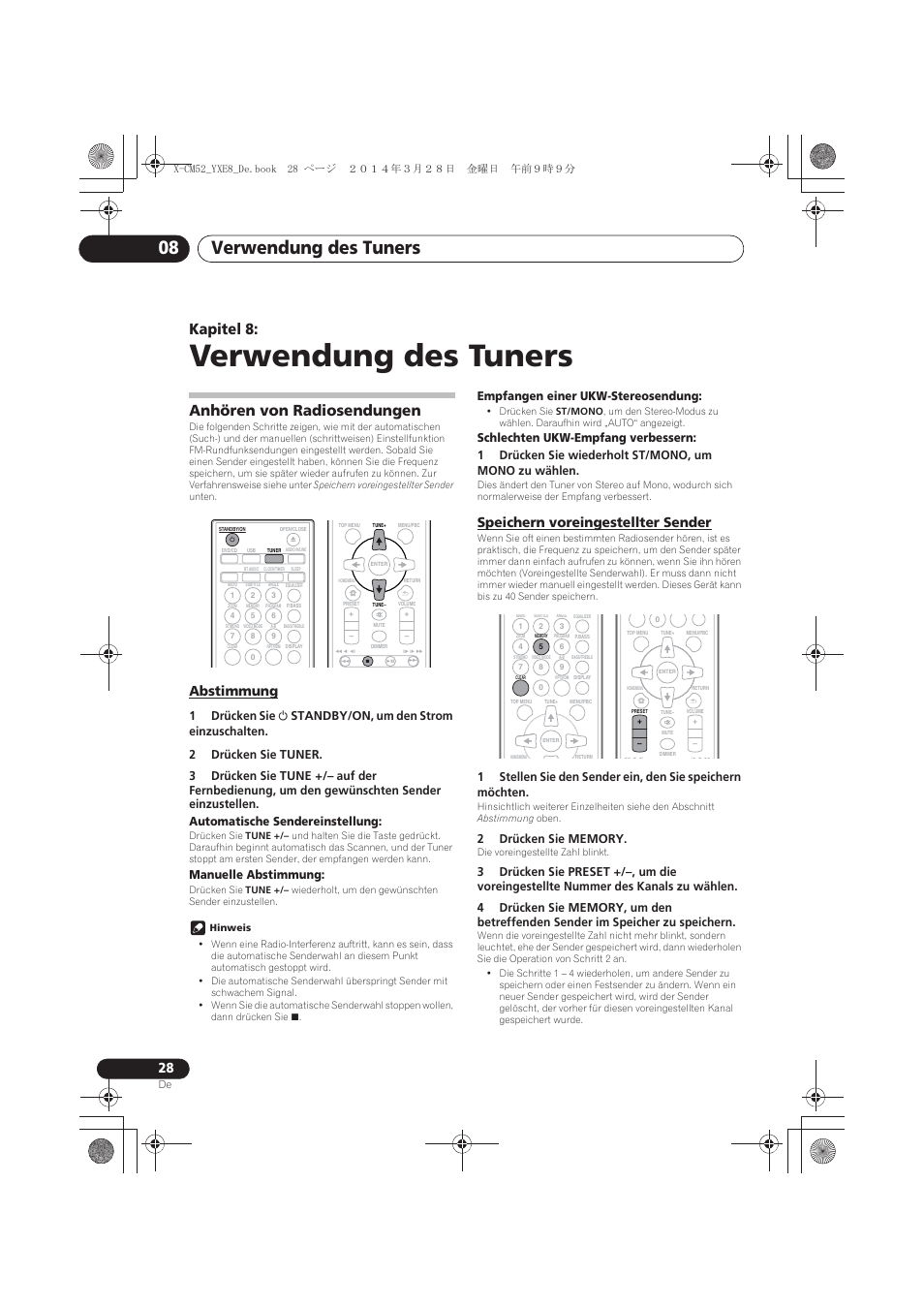 08 verwendung des tuners, Anhören von radiosendungen, Abstimmung | Speichern voreingestellter sender, Verwendung des tuners, Verwendung des tuners 08, Kapitel 8, Manuelle abstimmung, Empfangen einer ukw-stereosendung | Pioneer X-CM52BT-W User Manual | Page 116 / 268