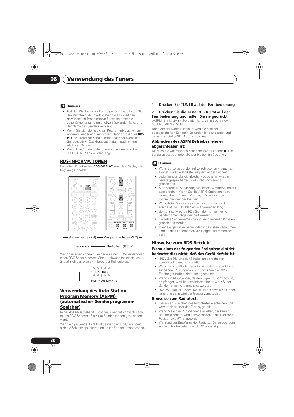 Rds-informationen, Verwendung des auto station program memory (aspm), Automatischer senderprogramm-speicher) | Hinweise zum rds-betrieb, Verwendung des tuners 08, Hinweise zum radiotext | Pioneer X-CM52BT-W User Manual | Page 118 / 268