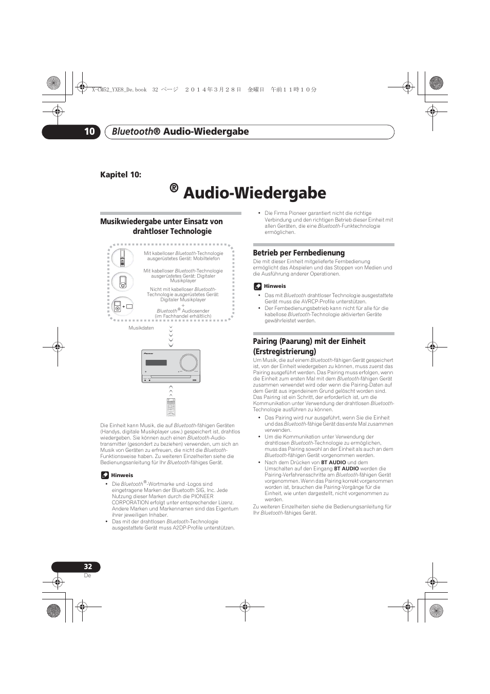10 bluetooth, Audio-wiedergabe, Technologie | Betrieb per fernbedienung, Bluetooth, Bluetooth ® audio-wiedergabe | Pioneer X-CM52BT-W User Manual | Page 120 / 268
