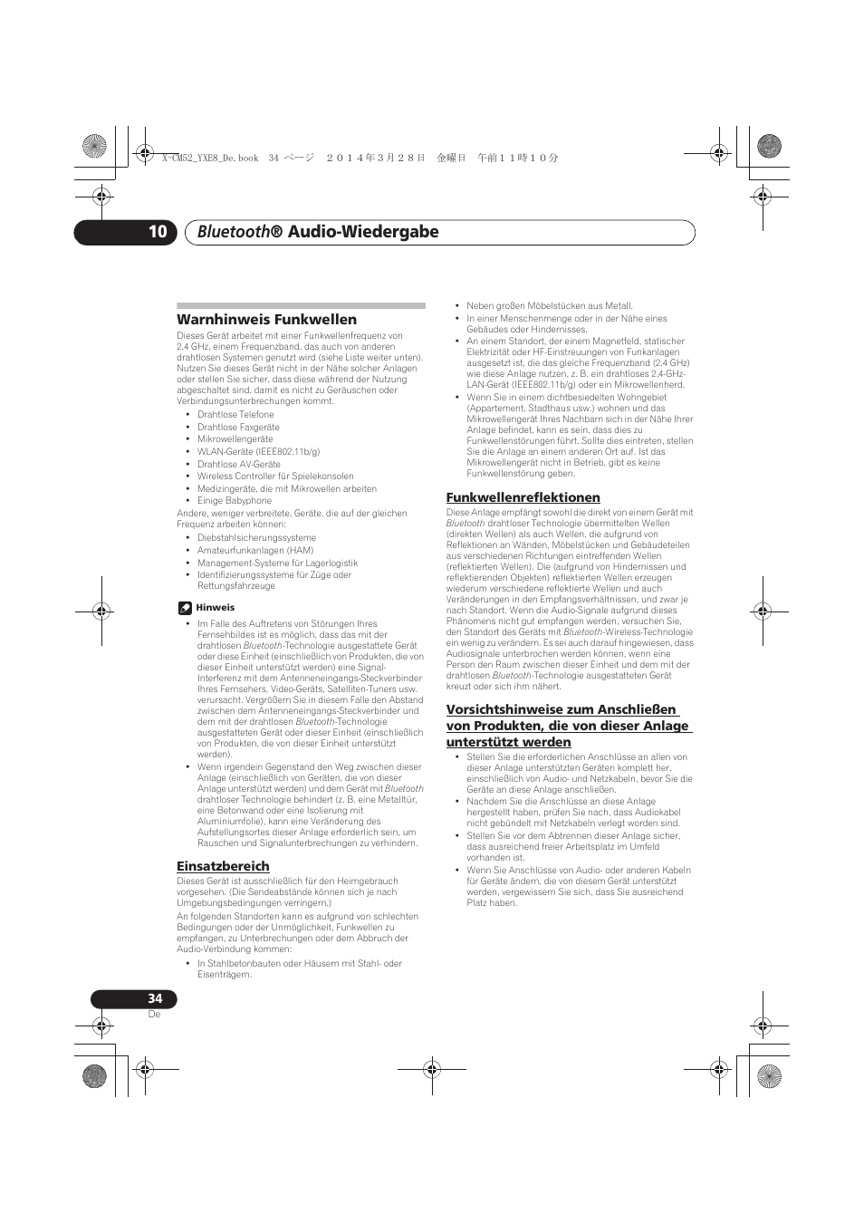 Warnhinweis funkwellen, Einsatzbereich, Funkwellenreflektionen | Dieser anlage unterstützt werden, Bluetooth ® audio-wiedergabe | Pioneer X-CM52BT-W User Manual | Page 122 / 268